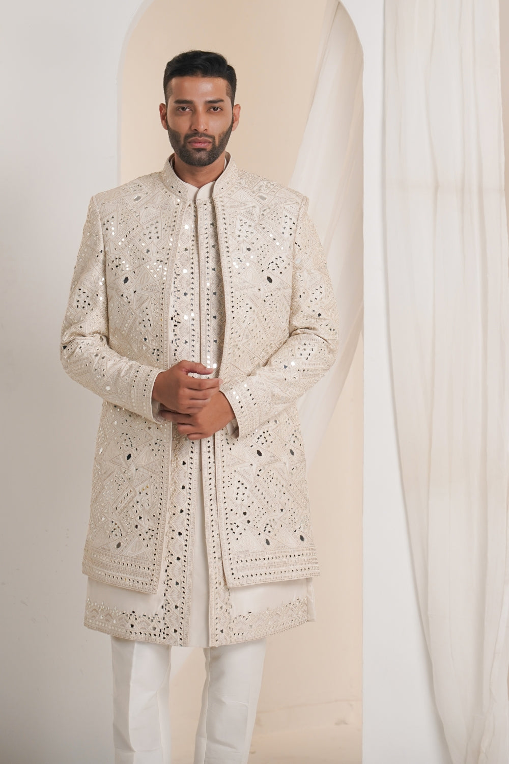Cream White Silk Open Indo Western With Mirror Work