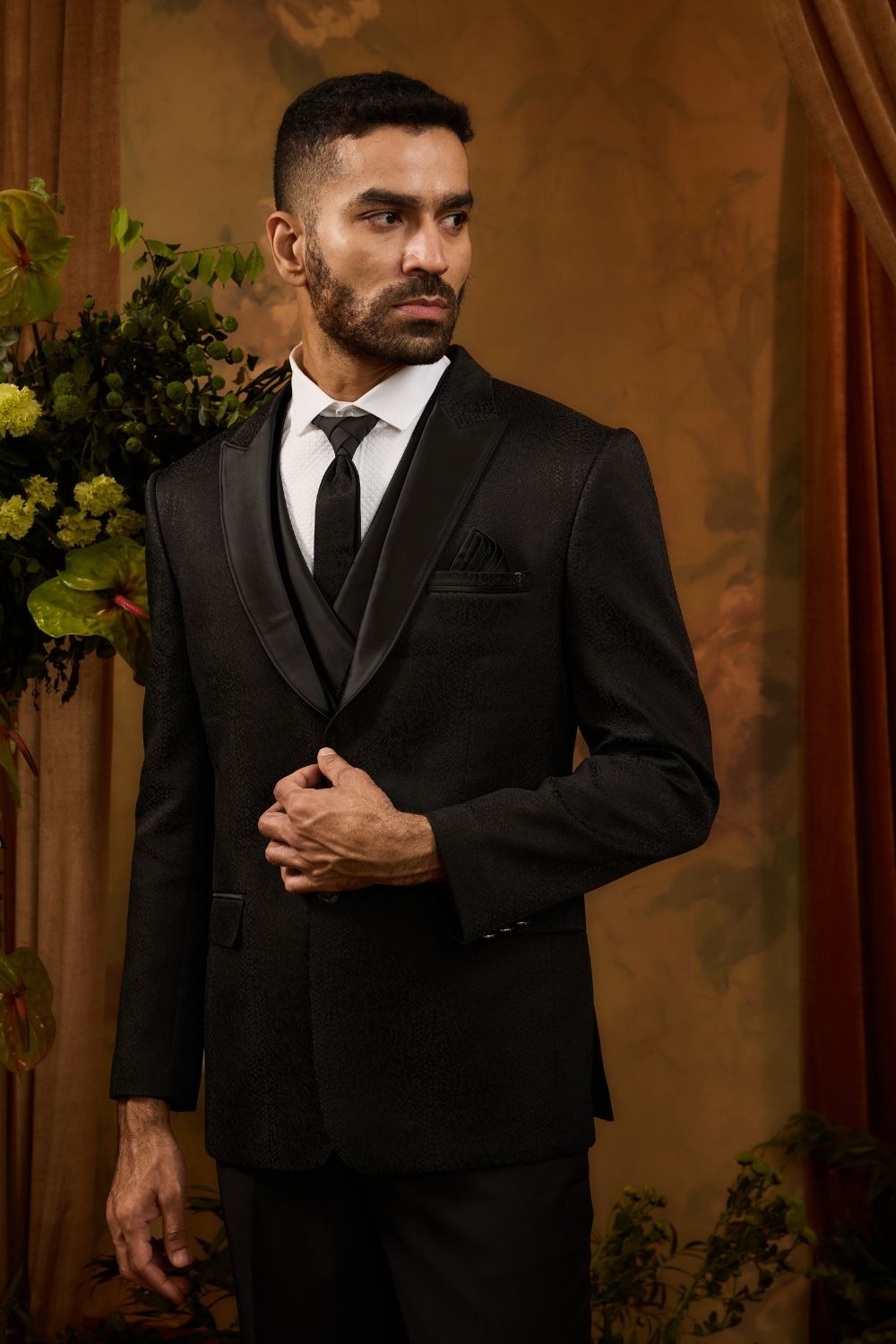 Black Silk Tuxedo With Jacquard Print
