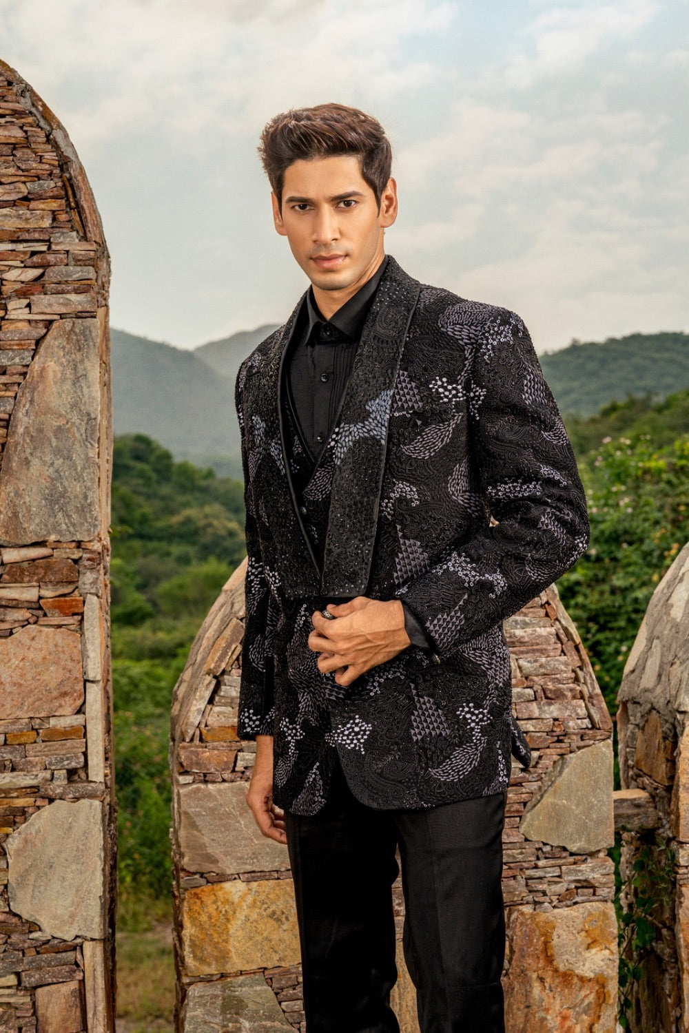 Black Suiting Tuxedo With Thread Embroidery, Pearl And Cut Dana Work