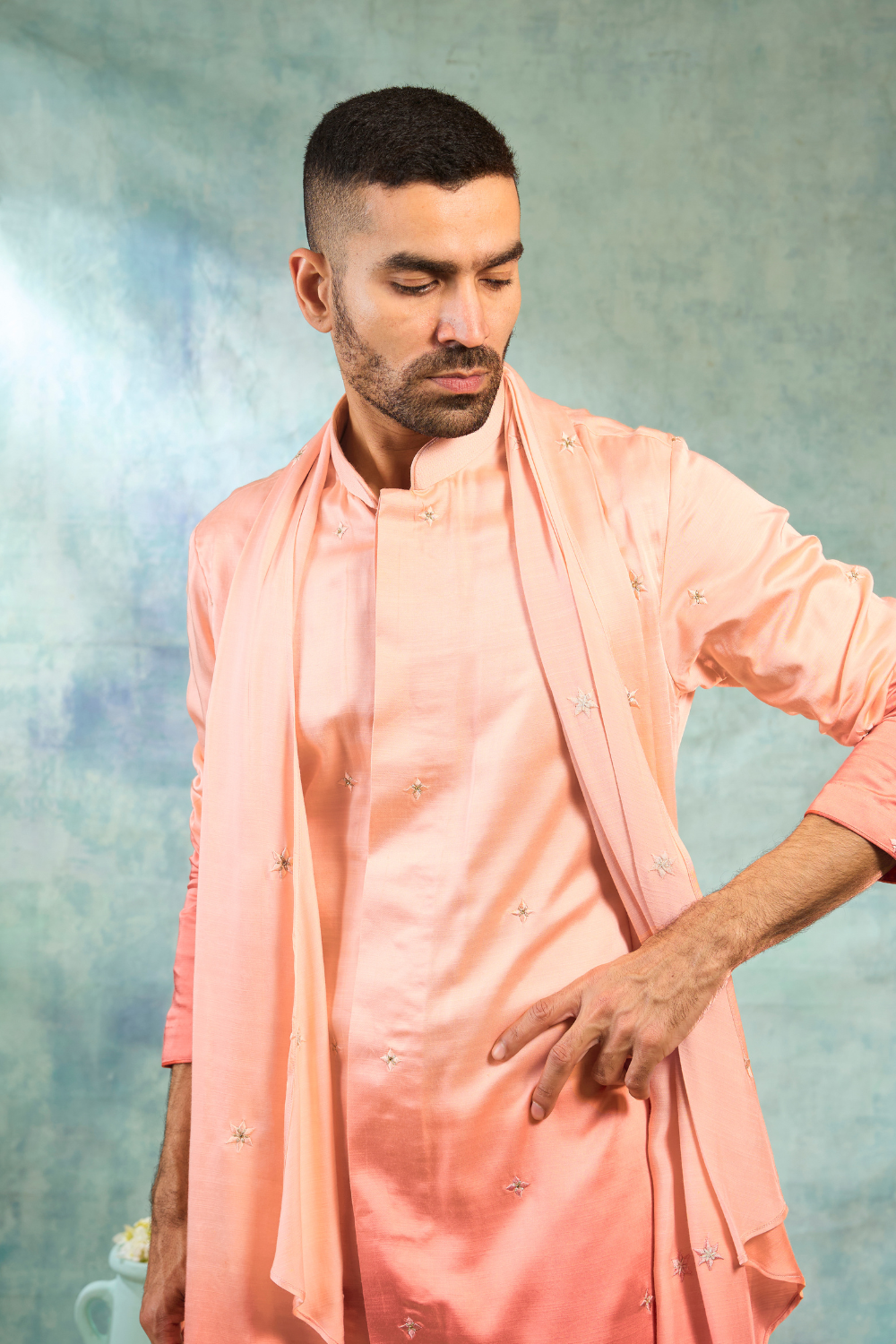 Orange Silk Kurta Set With Ombre Effect And Delicate Motifs