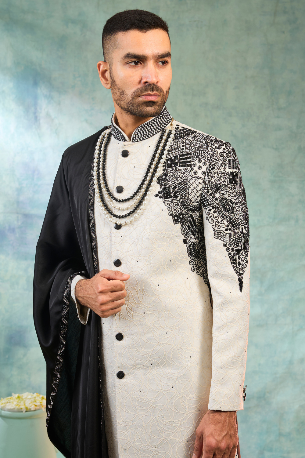 Black & White Silk Sherwani With Thread Embroidery