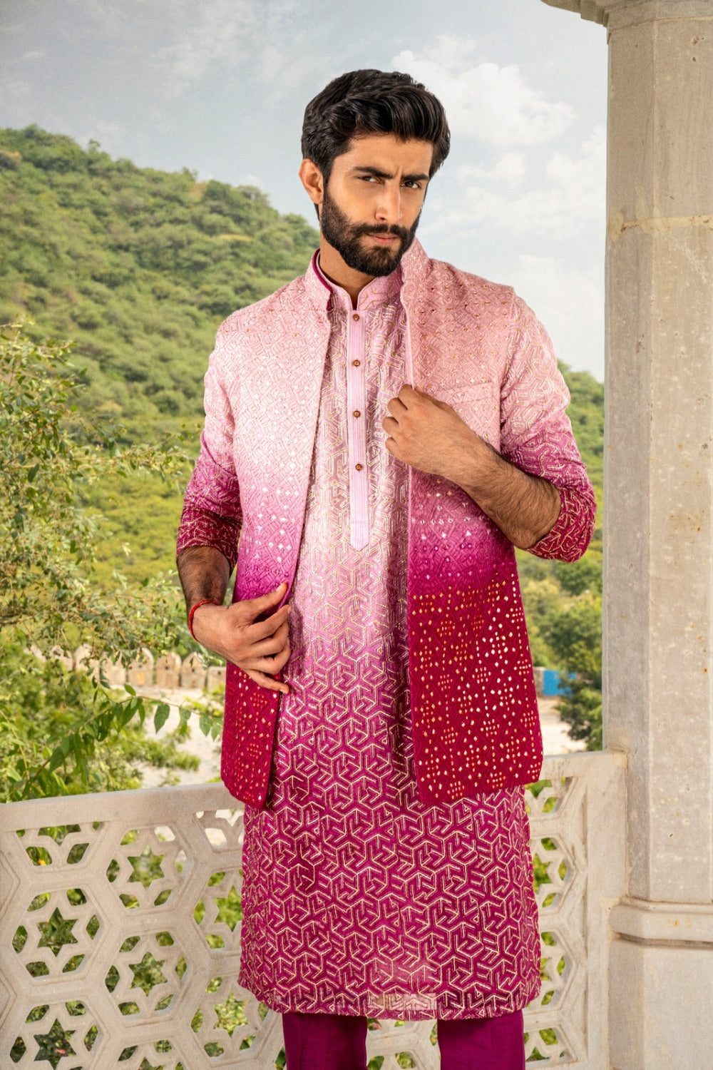 Magenta Pink Ombre Silk Koti Set With Sequins Work