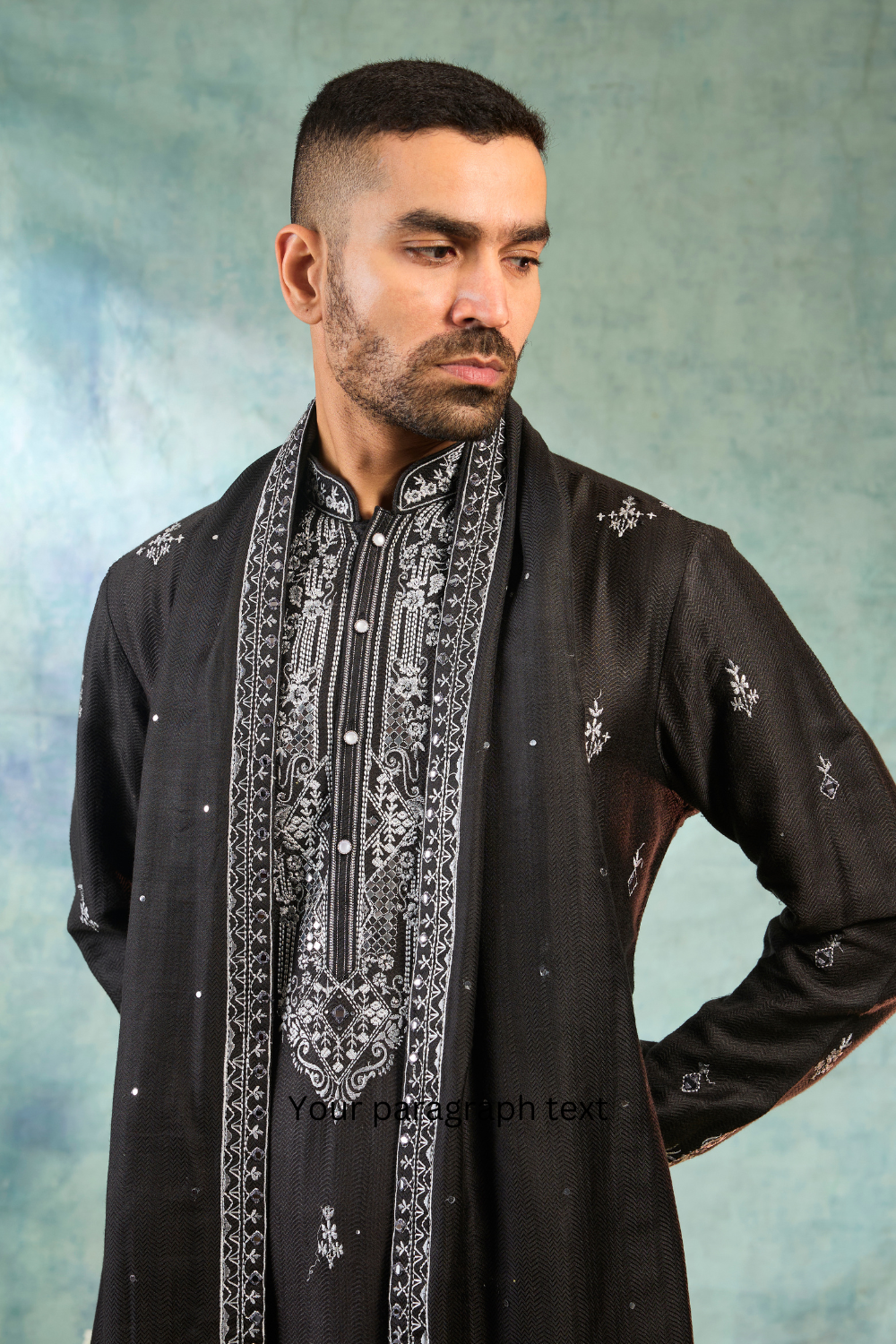 Silk Black Kurta Set With Contrast White Thread Work