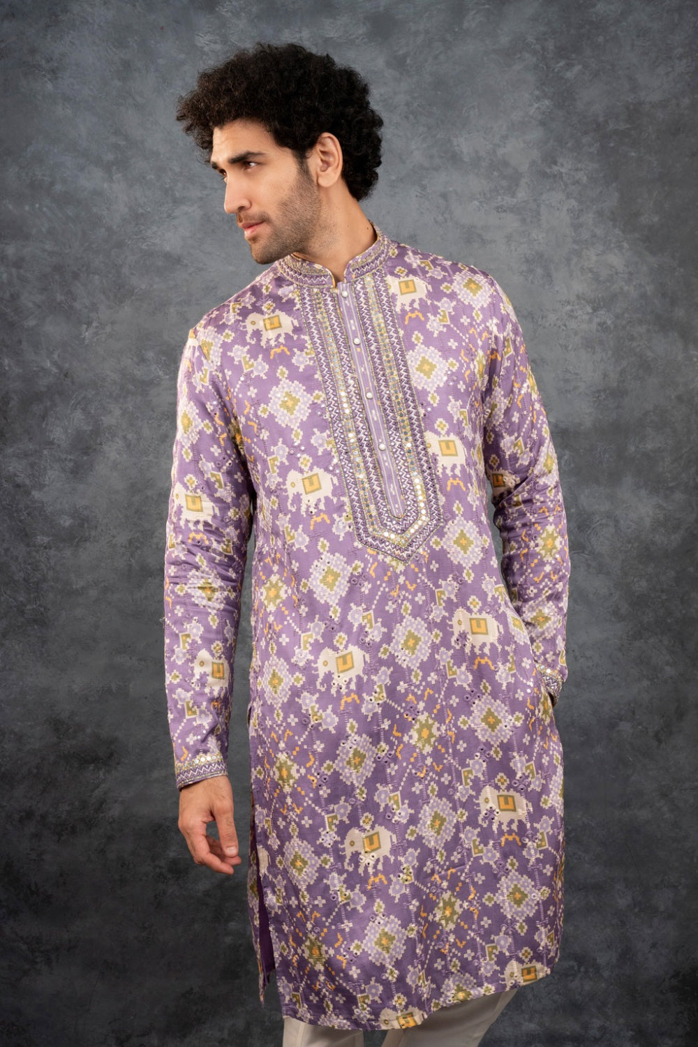 Purple Silk Kurta Set with Mirror Work