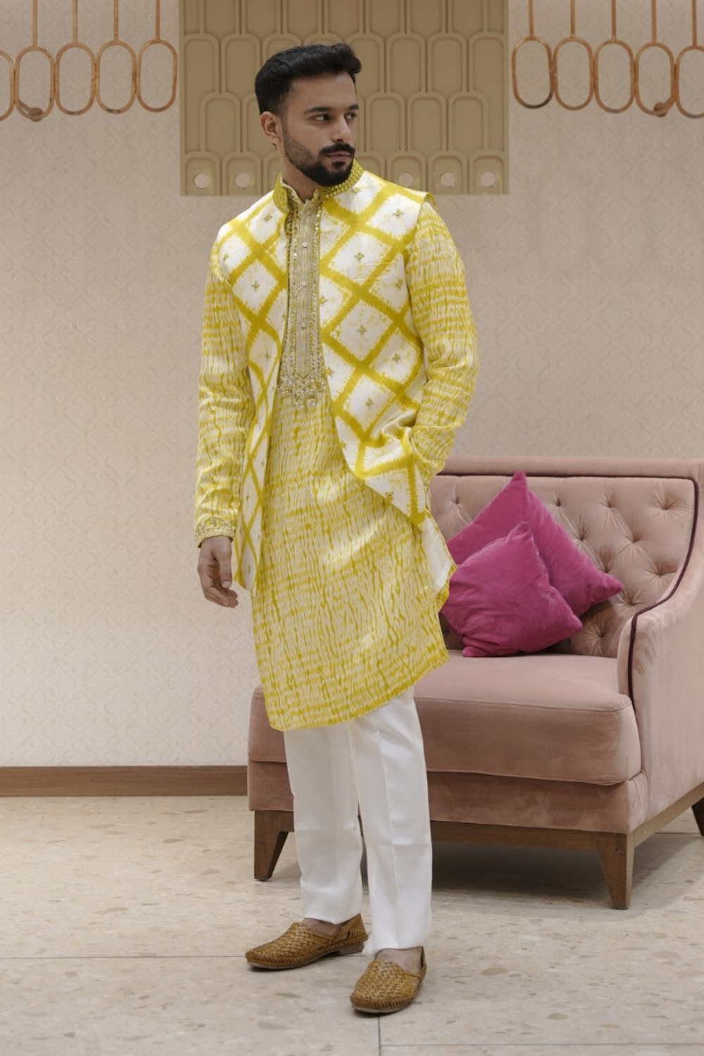 Yellow Silk Kurta Set With Mirror Buti Embroidered Jacket