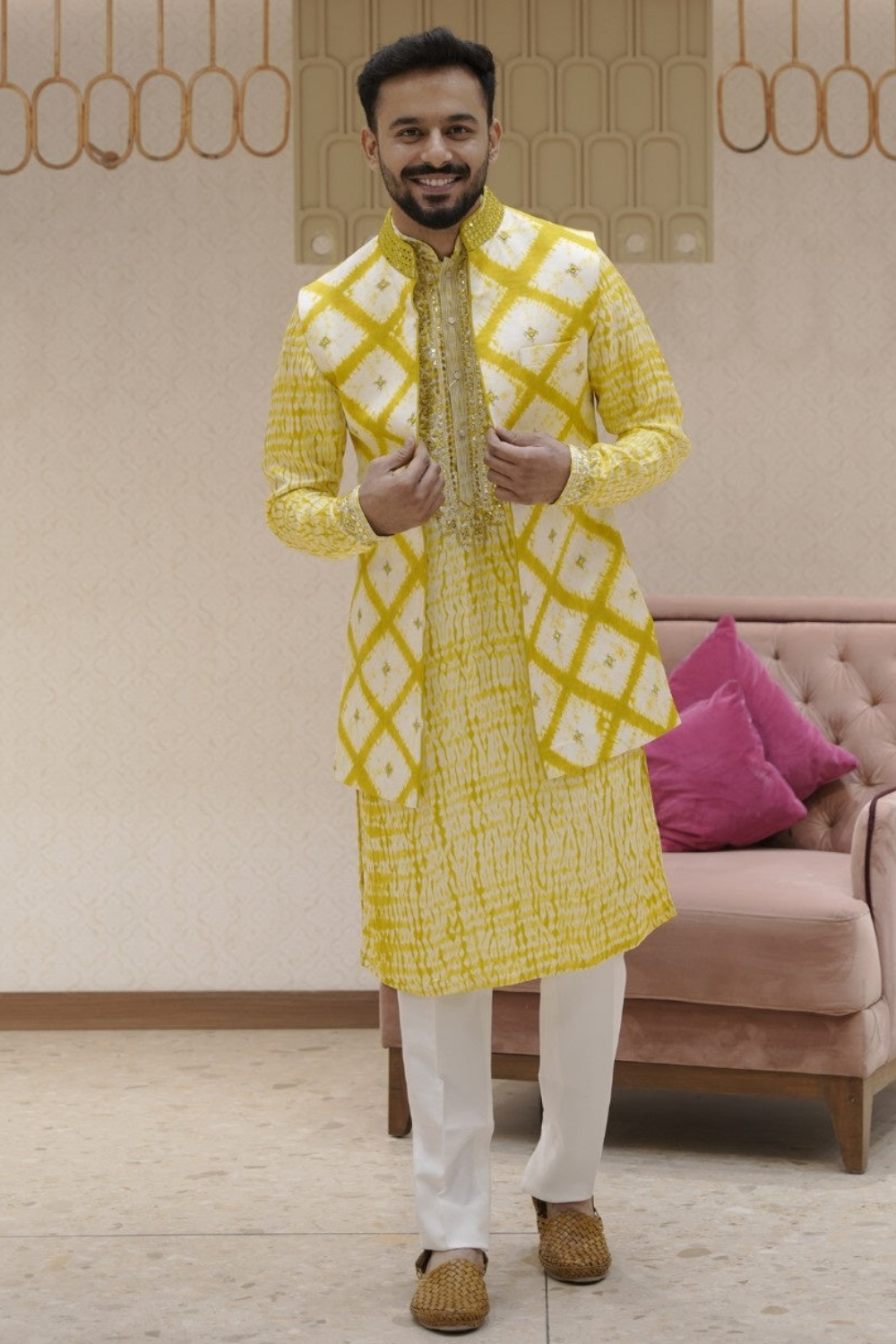 Yellow Silk Kurta Set With Mirror Buti Embroidered Jacket