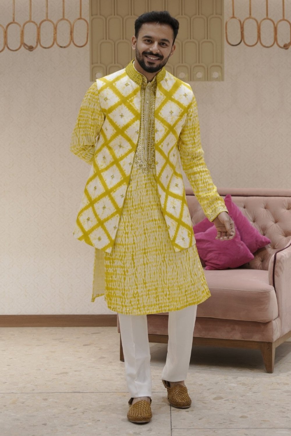Yellow Silk Kurta Set With Mirror Buti Embroidered Jacket