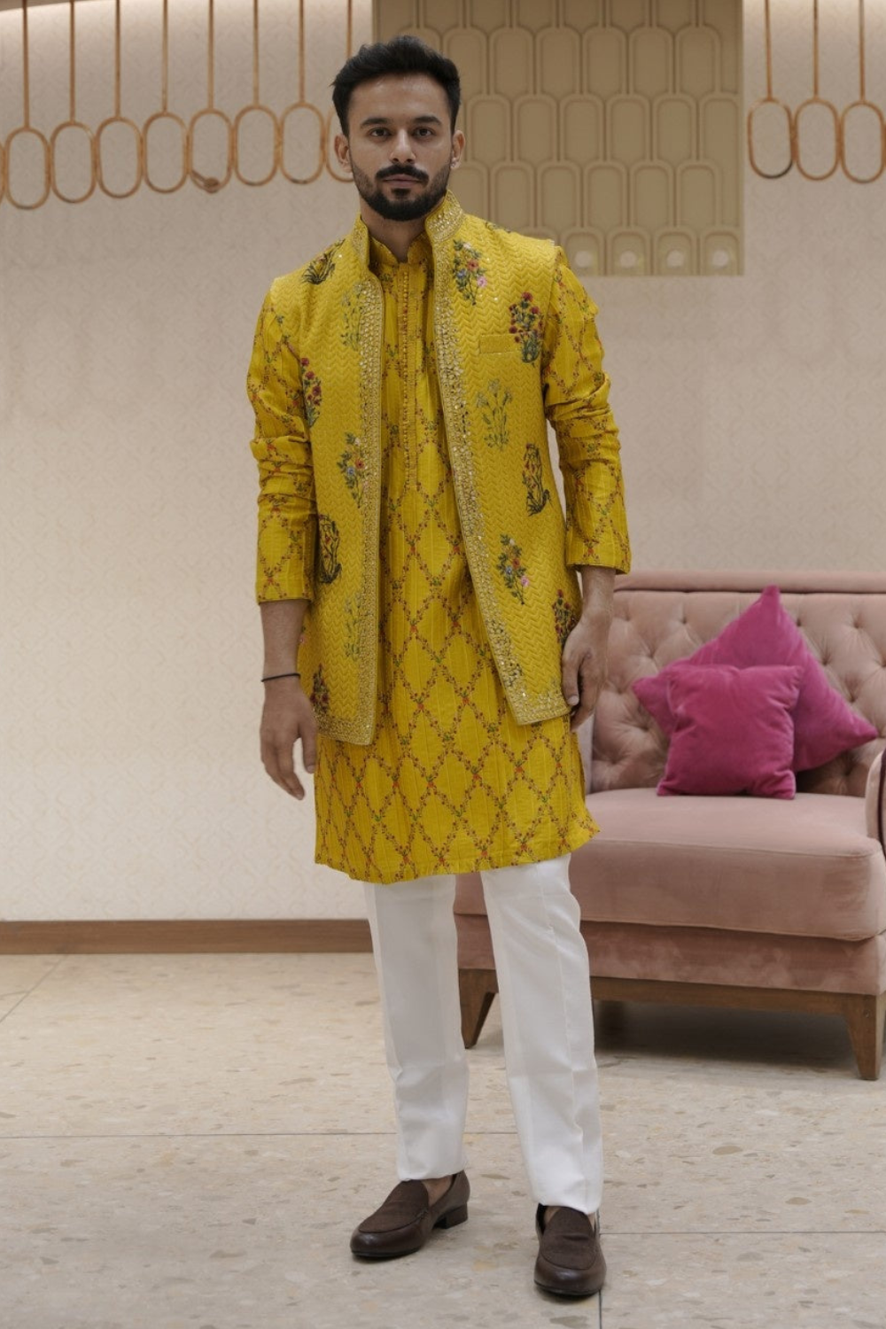 Yellow Silk Kurta Set With Sequin Mirror Thread Embroidery