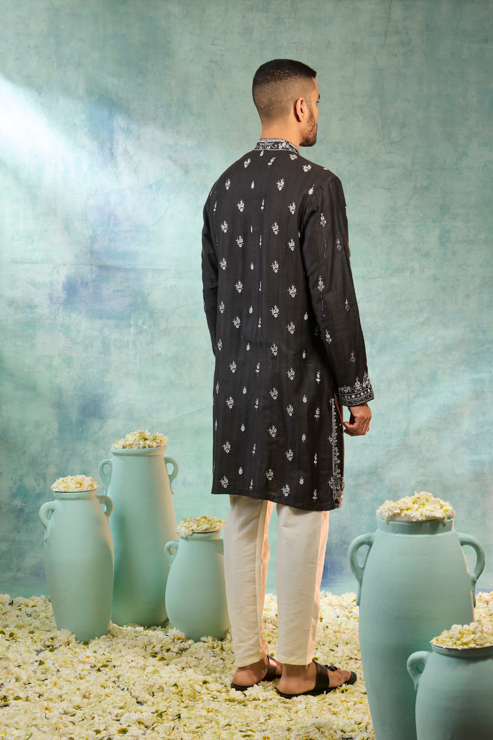Silk Black Kurta Set With Contrast White Thread Work