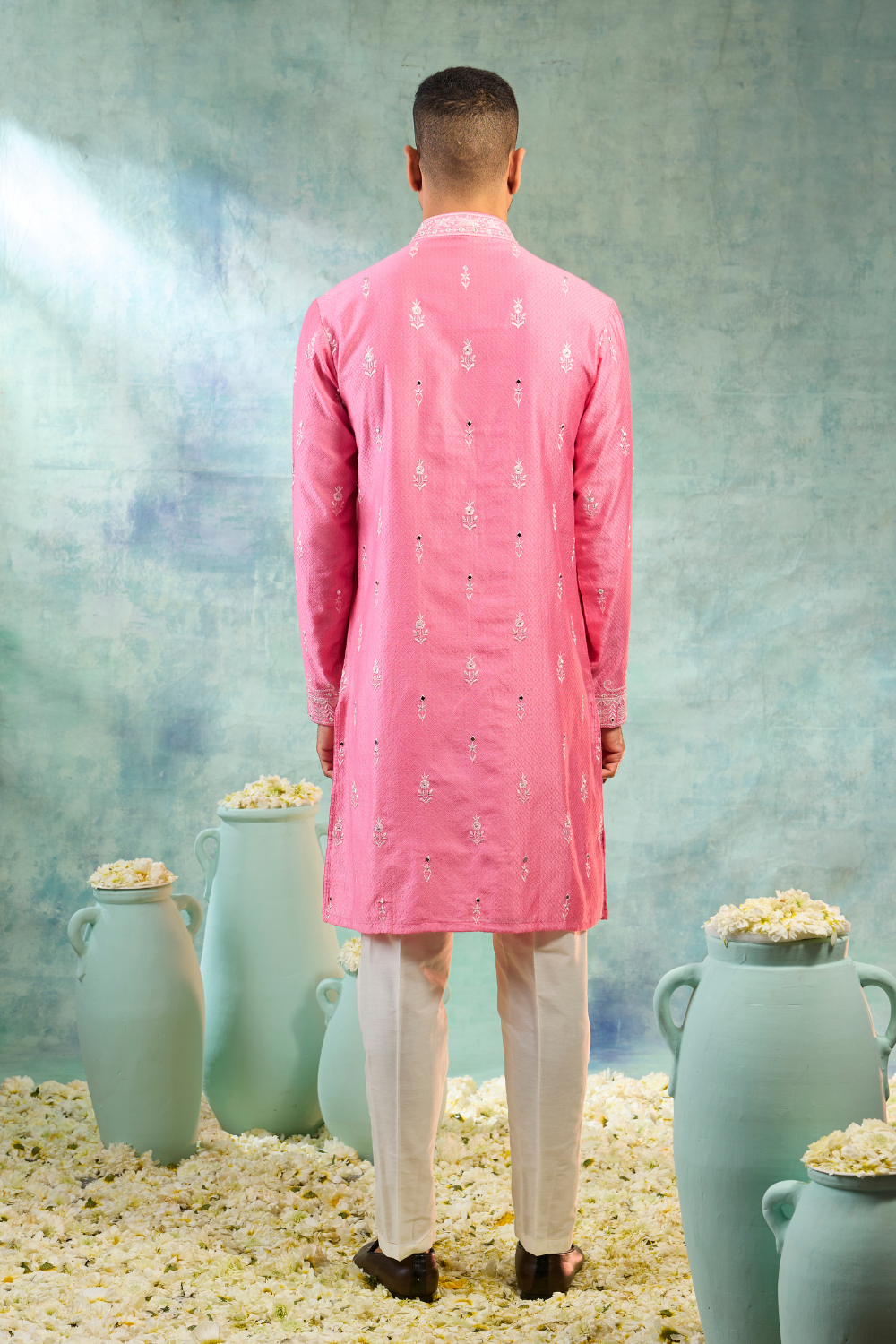 Baby Pink Silk Kurta Set With White Detailing And Mirror Work