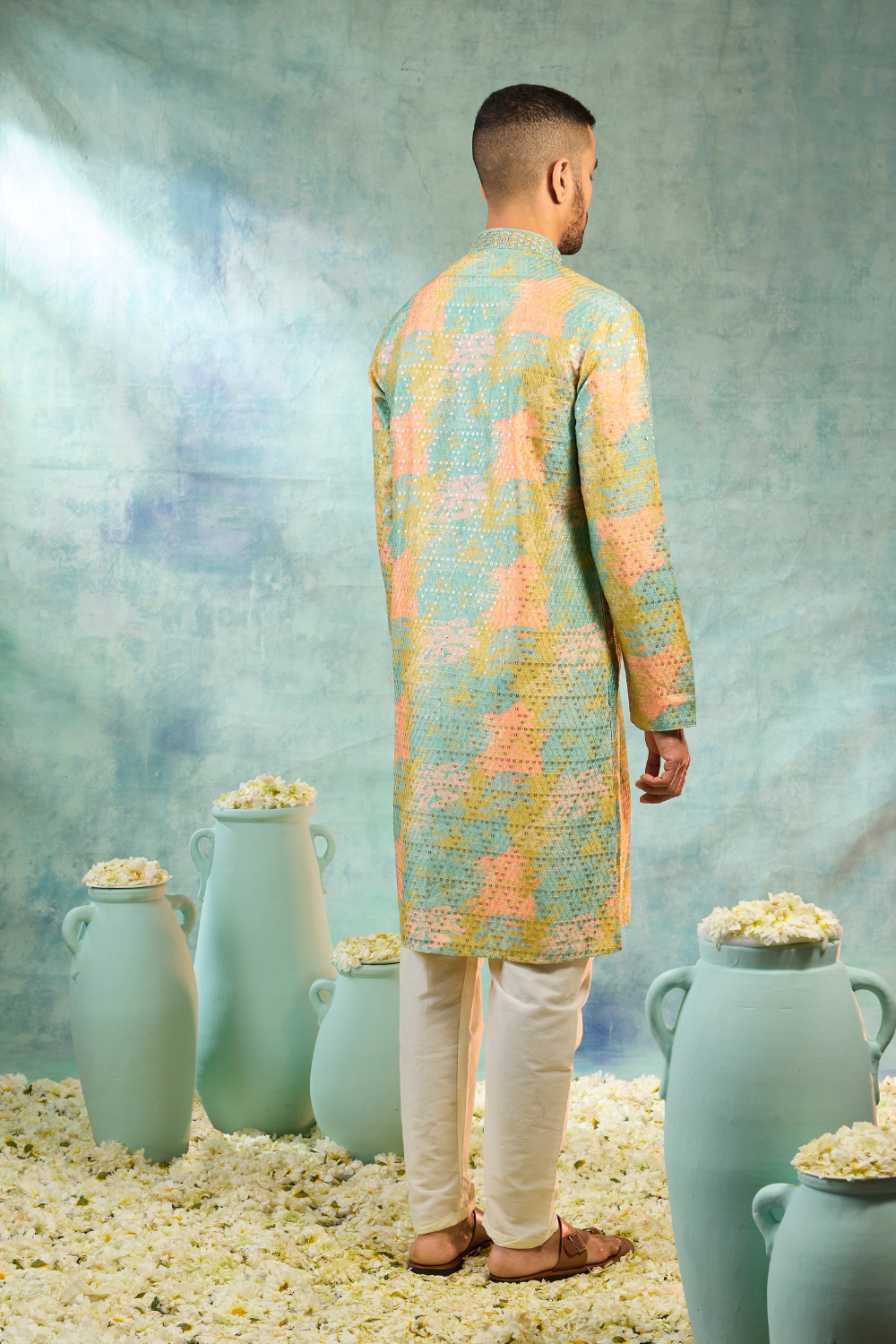 Multicolour Silk Kurta Set With Thread Work And Sequins Work