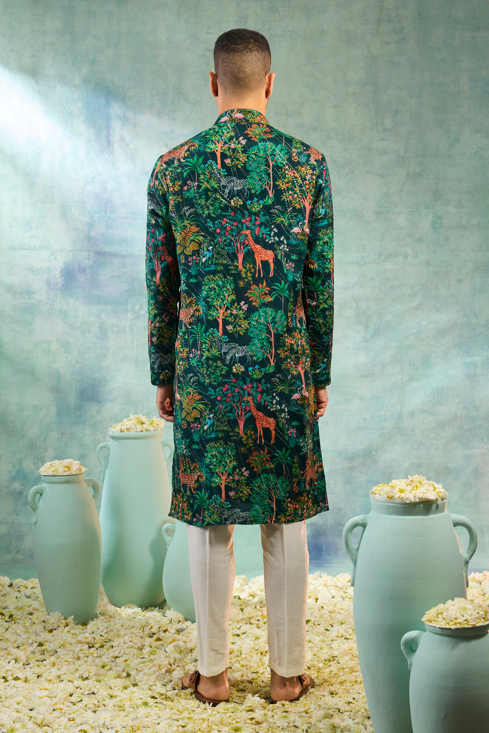 Deep Green Kurta Set With Forest Print Work