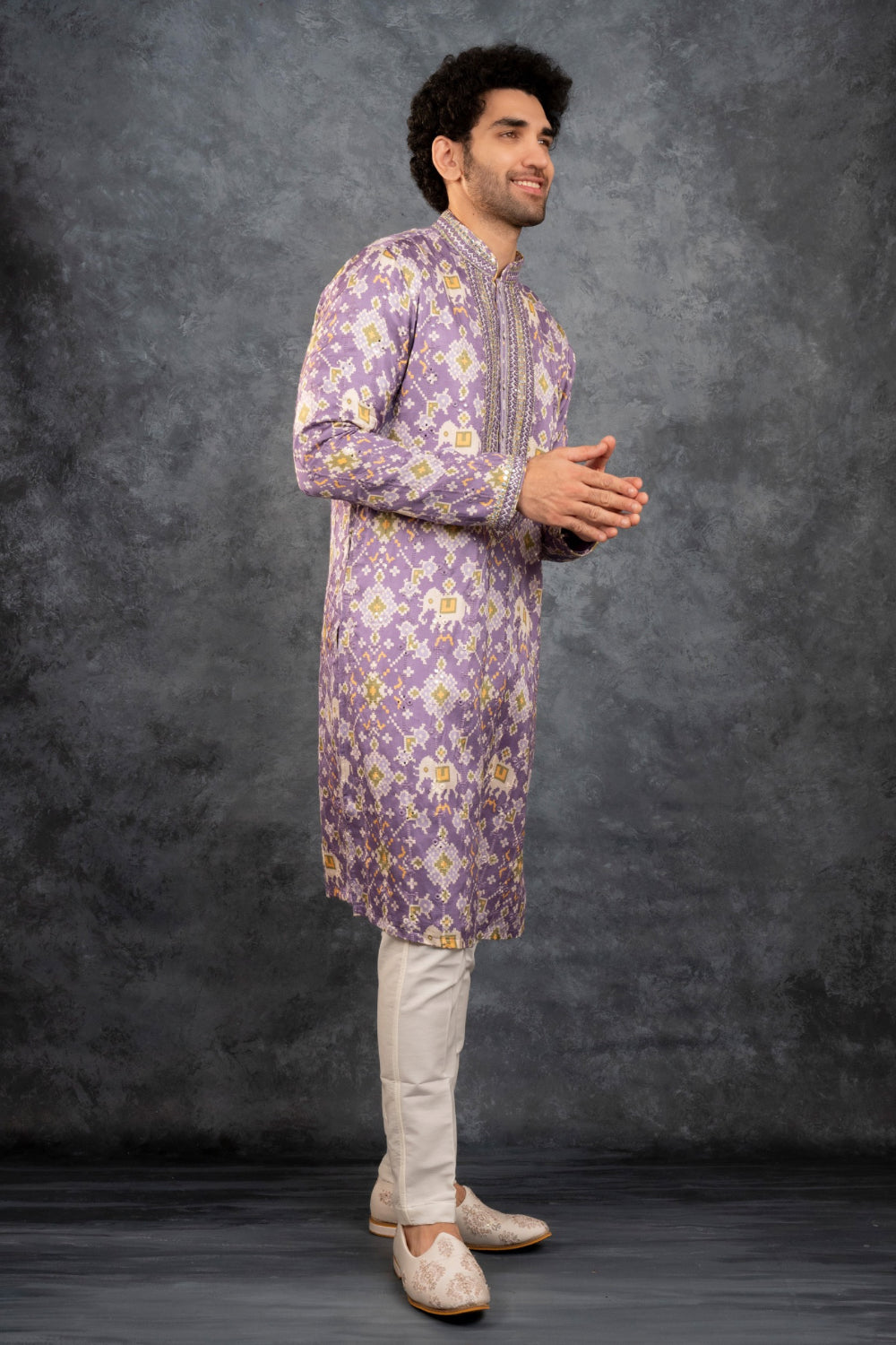 Purple Silk Kurta Set with Mirror Work