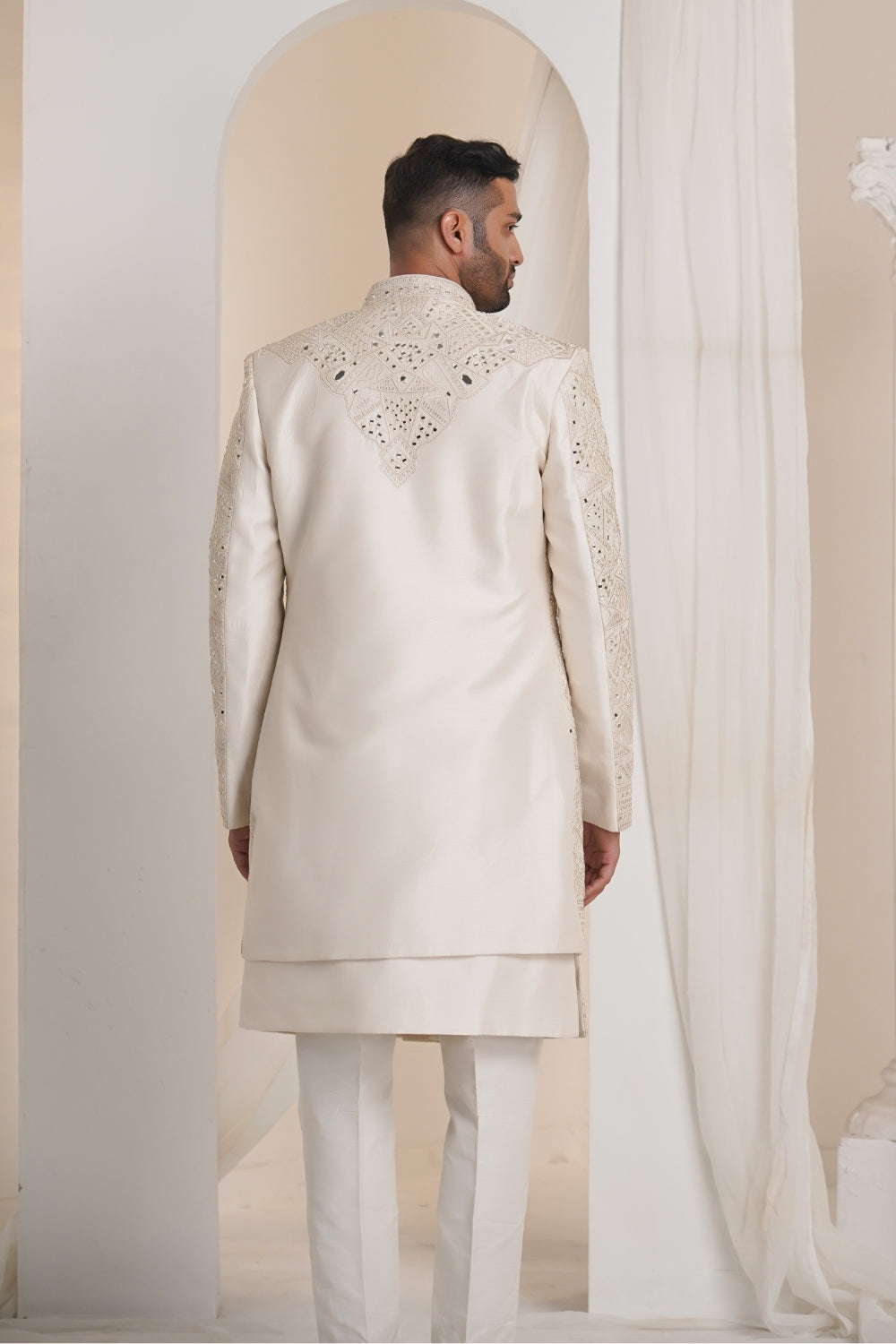Cream White Silk Open Indo Western With Mirror Work