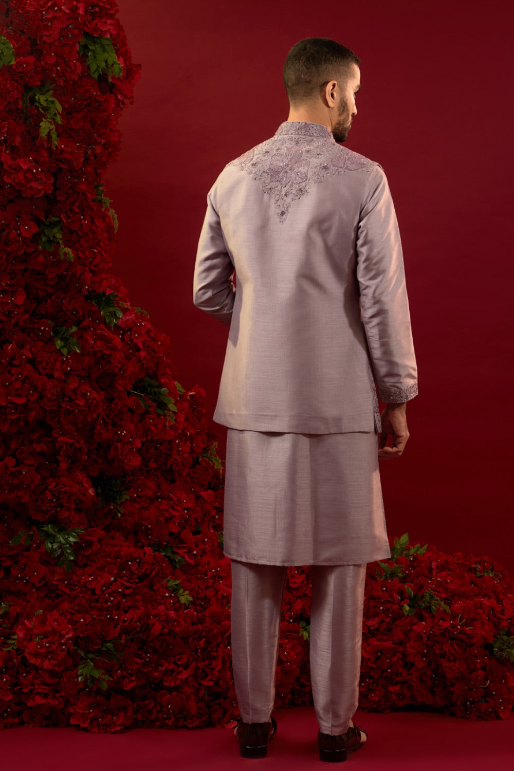 Mauve Silk Kurta Jacket Set With Detailed Hand And Machine Work