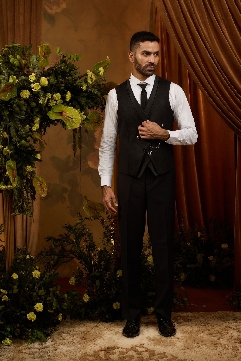Black Silk Tuxedo With Jacquard Print