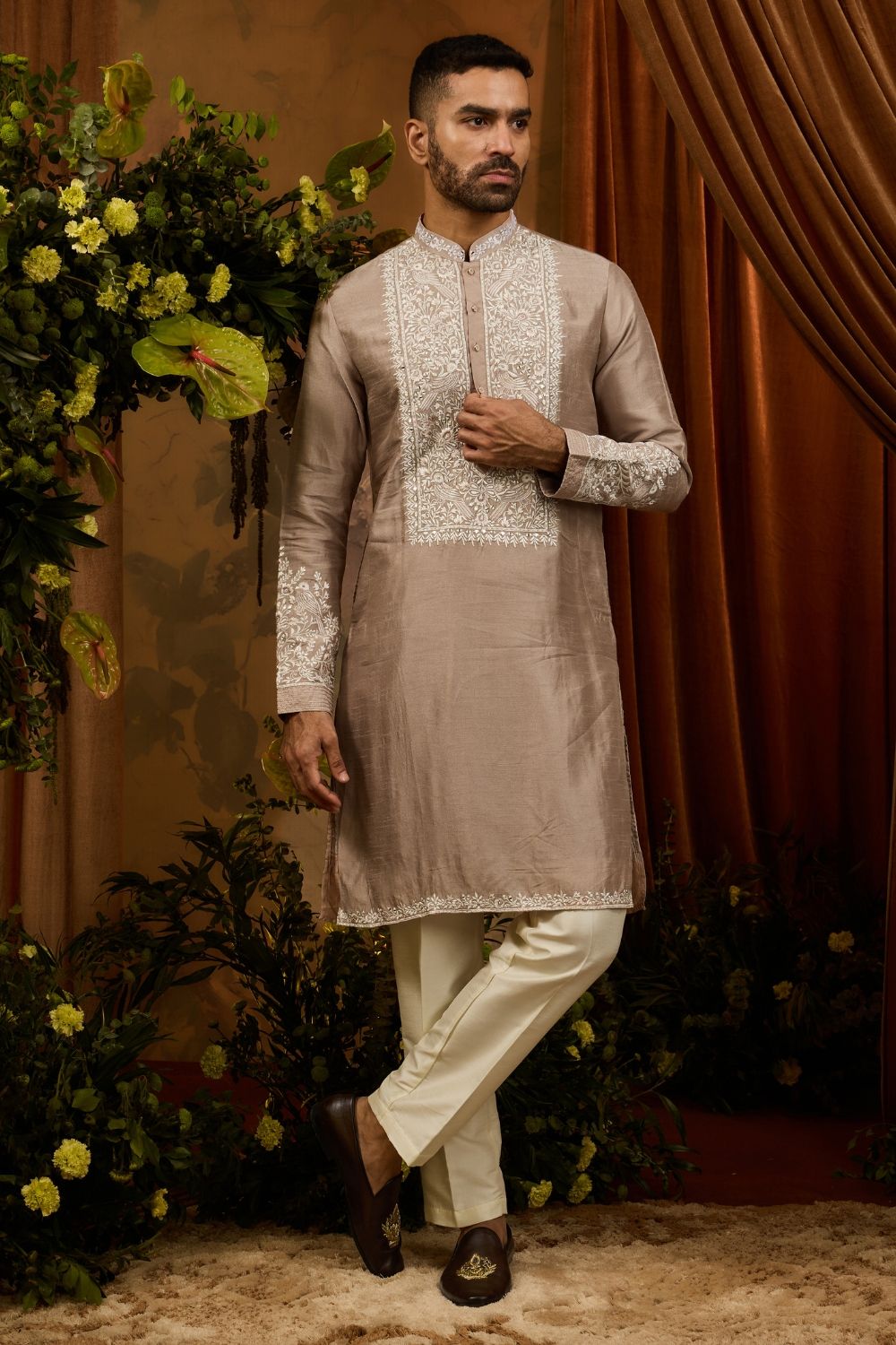 Silk Koti With Firozi Kurta Set With Embroidery Work