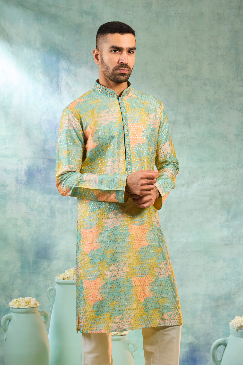 Multicolour Silk Kurta Set With Thread Work And Sequins Work