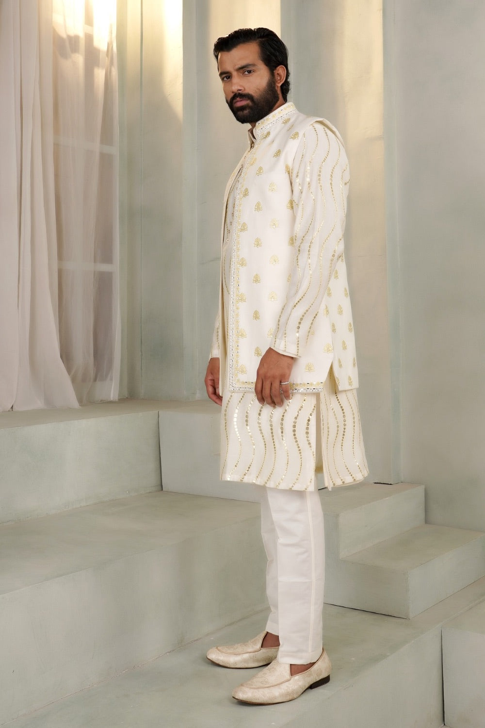 White And Golden Koti Kurta Set