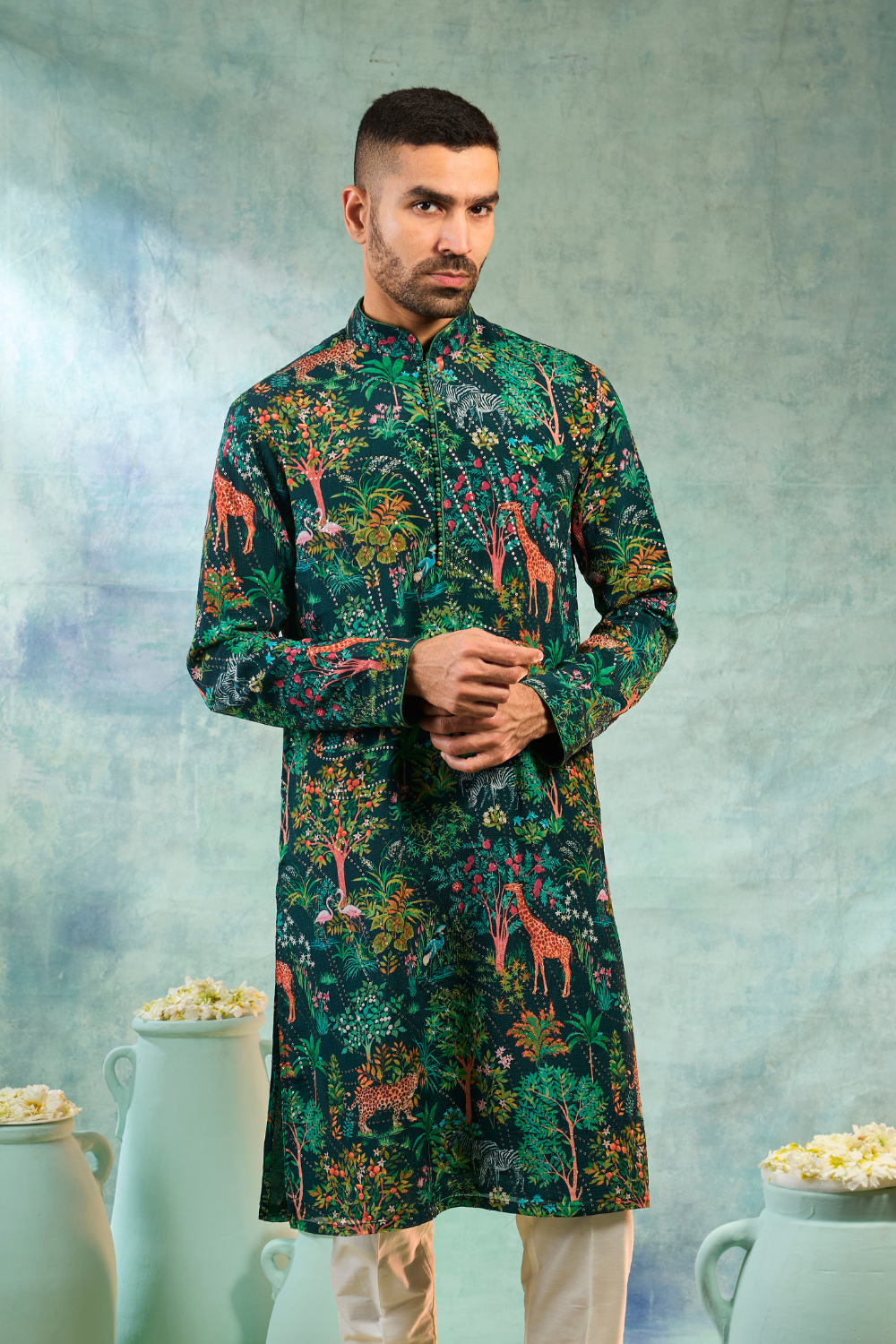 Deep Green Kurta Set With Forest Print Work
