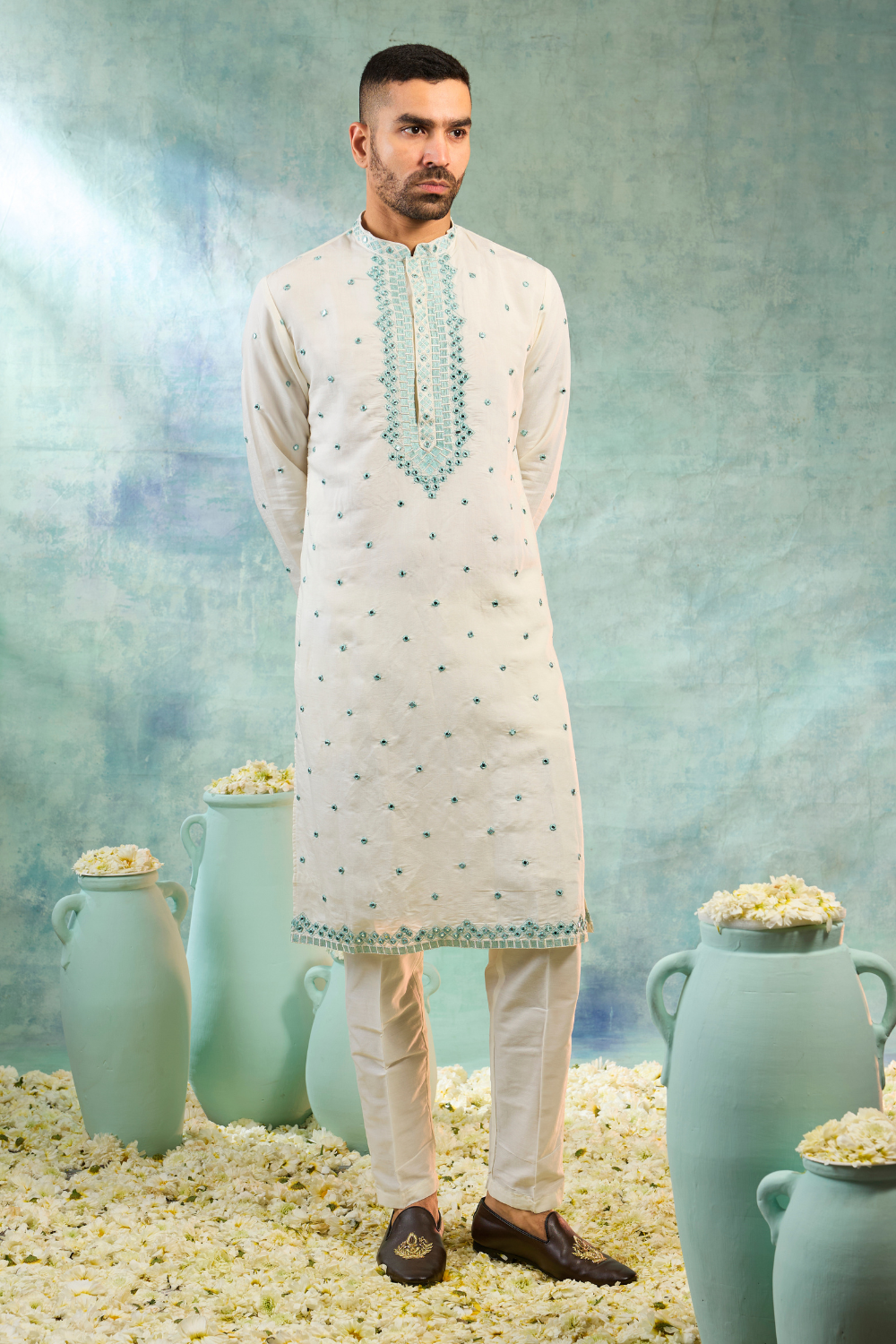 Mint Green Silk Koti Set With Thread Work
