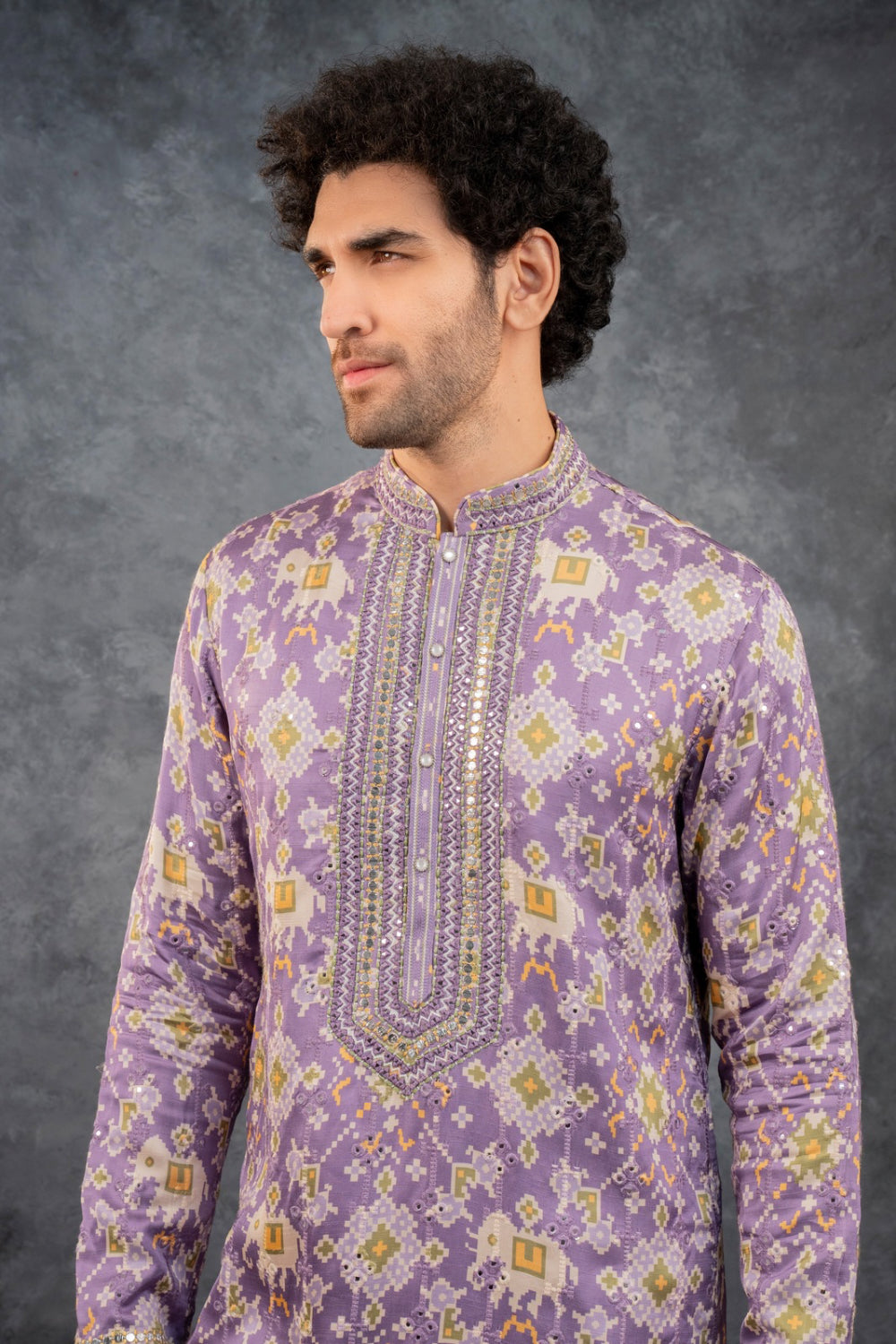 Purple Silk Kurta Set with Mirror Work