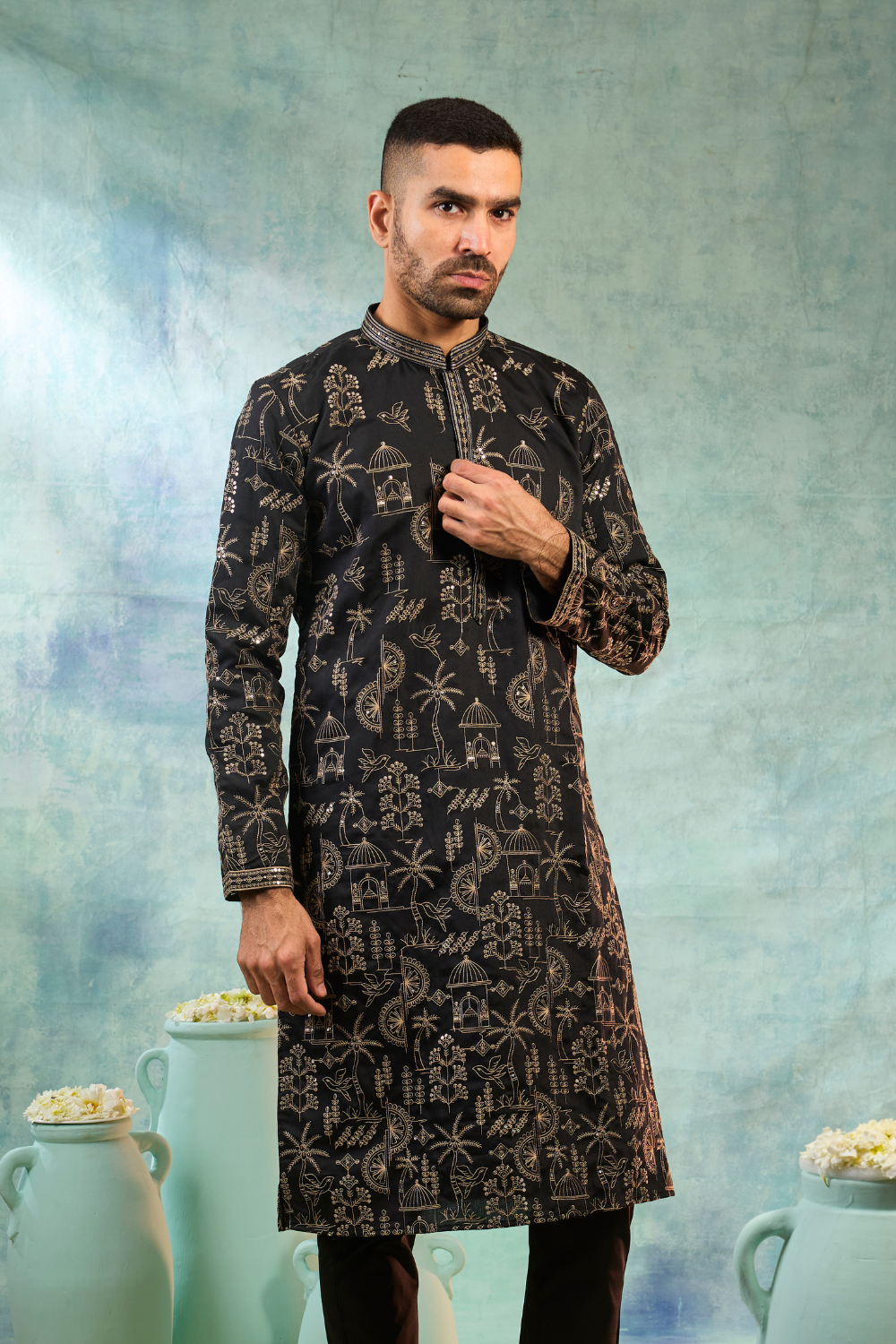 Black Silk Kurta Set With Golden Thread Work