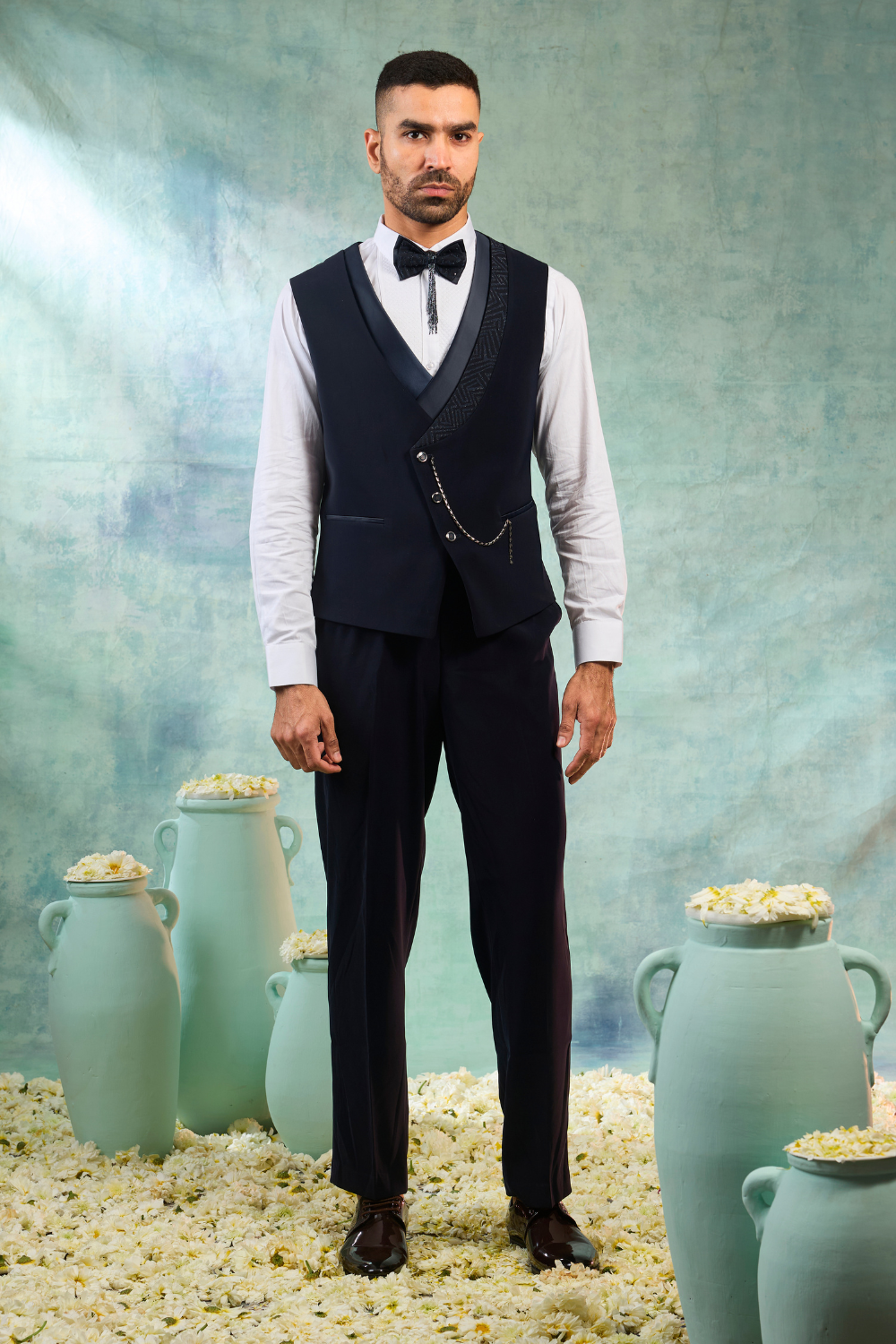 Dark Blue Jacquard Tuxedo With Lapel Work