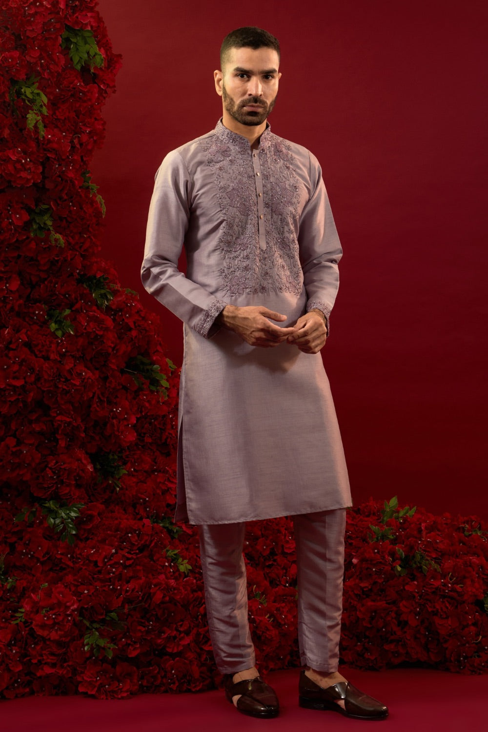Mauve Silk Kurta Jacket Set With Detailed Hand And Machine Work