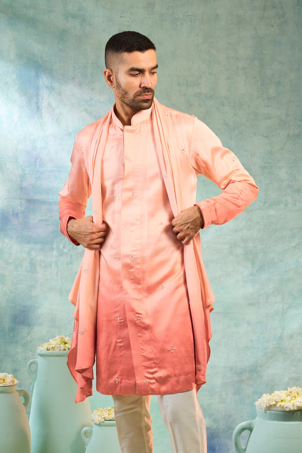 Orange Silk Kurta Set With Ombre Effect And Delicate Motifs