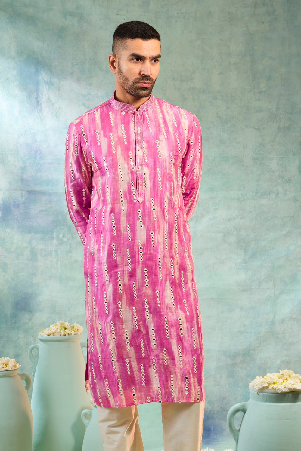 Kurta With Thread And Mirror Work With Cream Pyjama