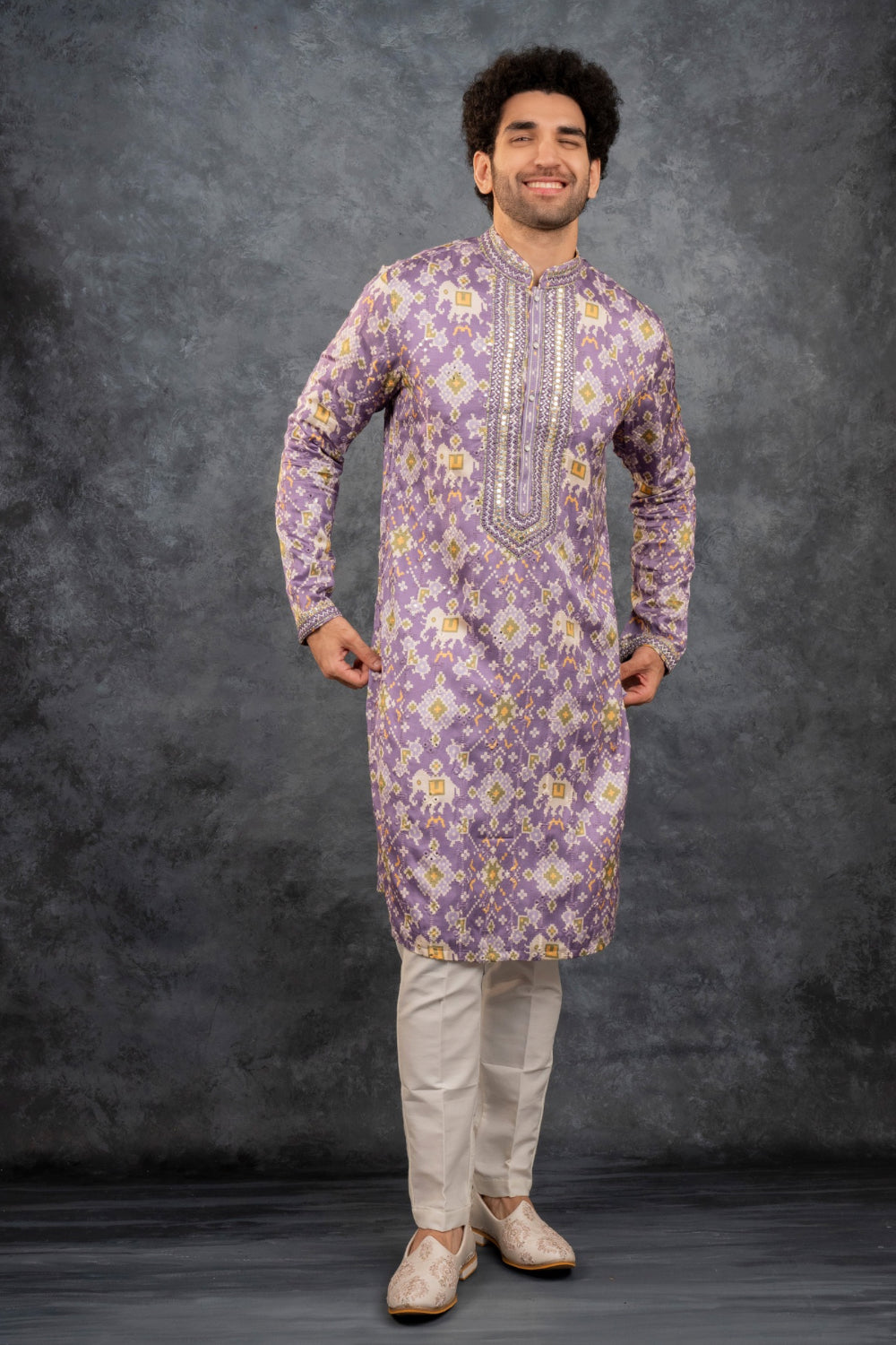 Purple Silk Kurta Set with Mirror Work