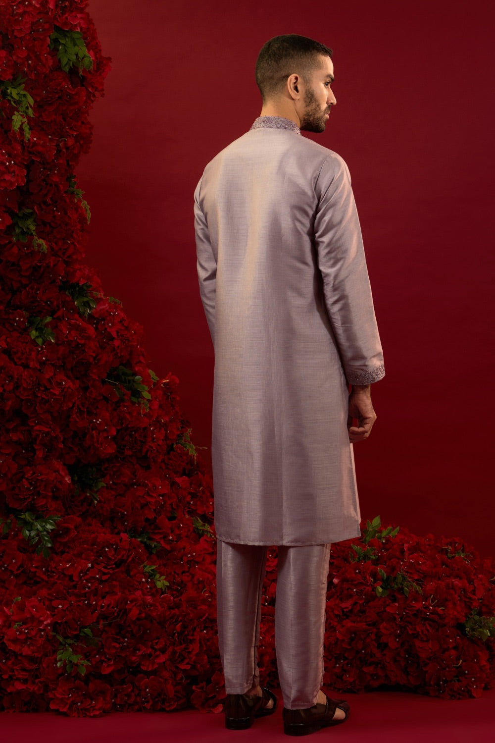 Mauve Silk Kurta Jacket Set With Detailed Hand And Machine Work