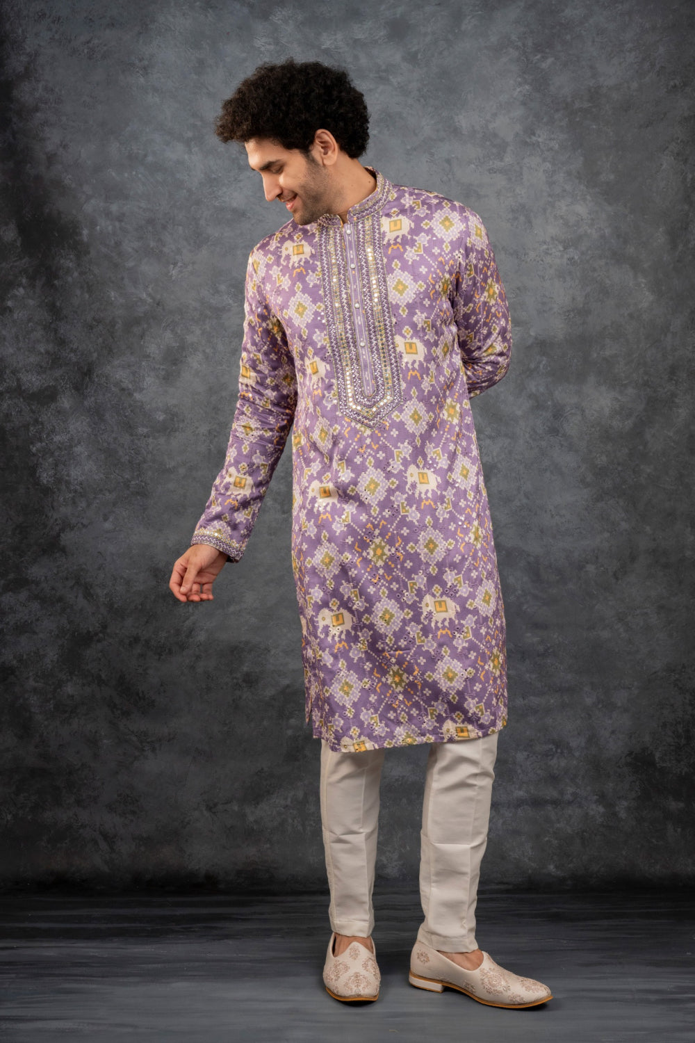 Purple Silk Kurta Set with Mirror Work