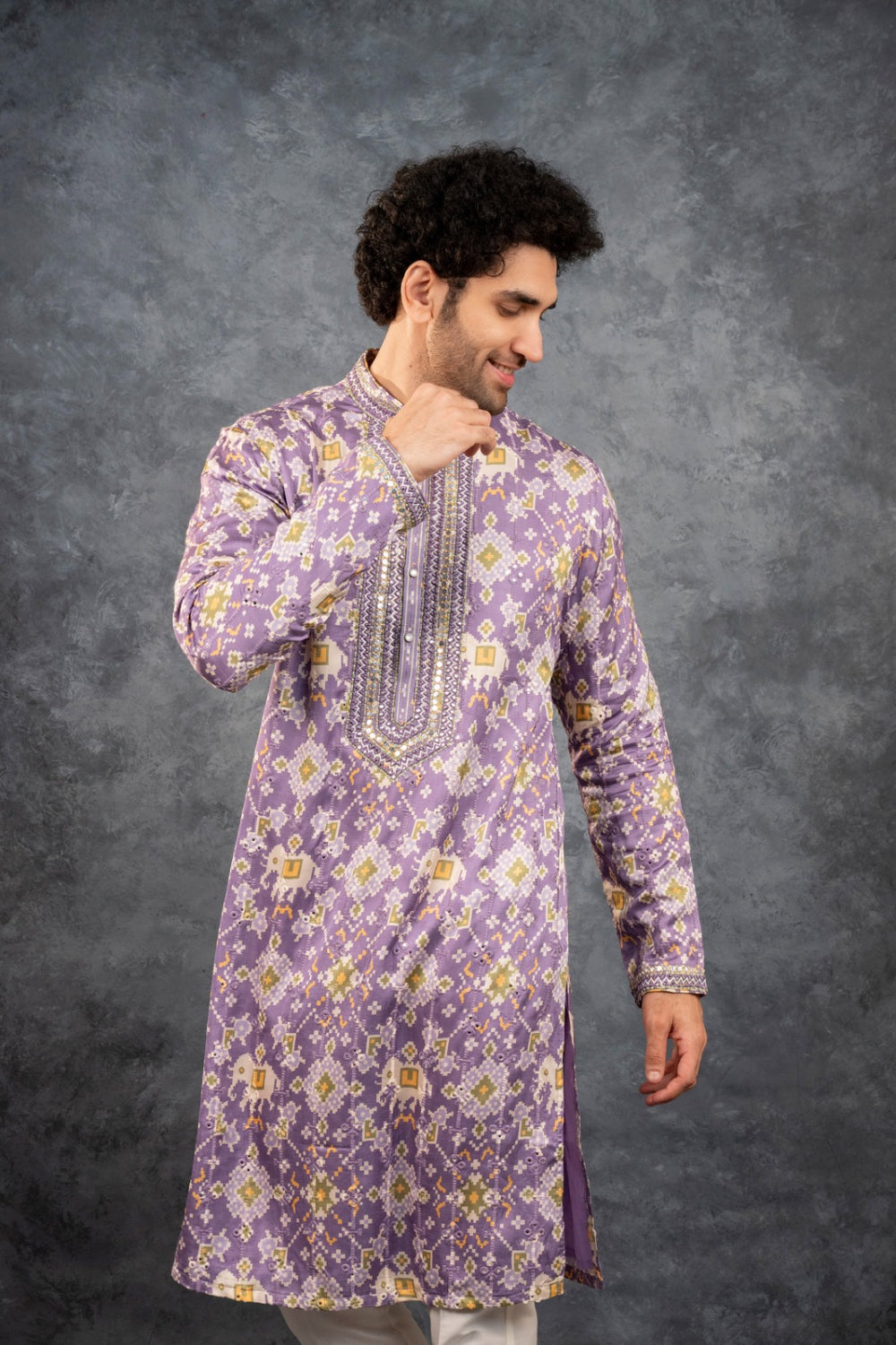 Purple Silk Kurta Set with Mirror Work
