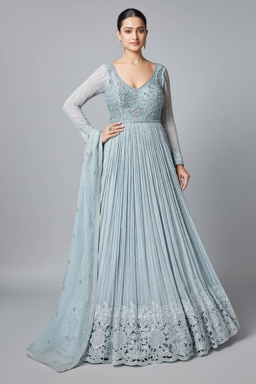 Anarkali Set with Mirror and Cutdana Work