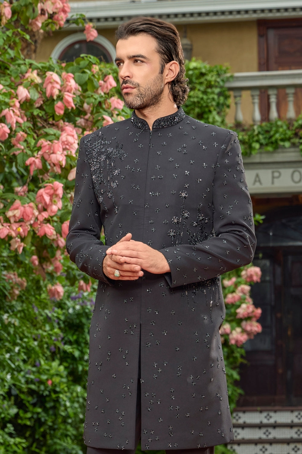 Black Imported Fabric Indo-Western Set with Cutdana Work