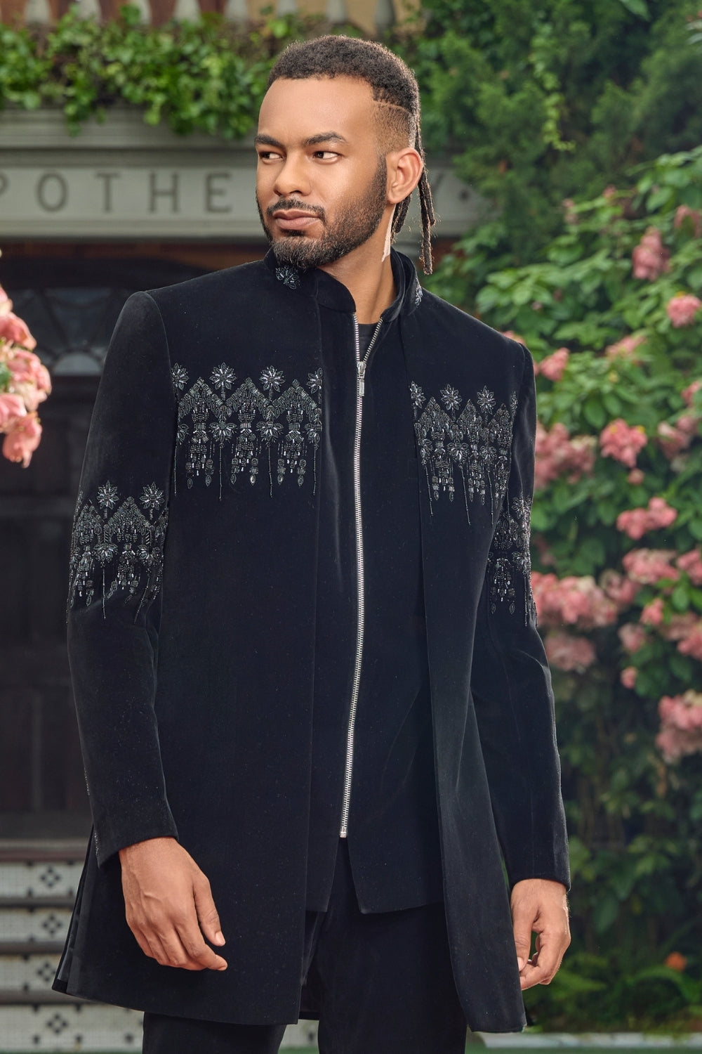 Black Imported Fabric Indo-Western Set with Cutdana and Moti Work