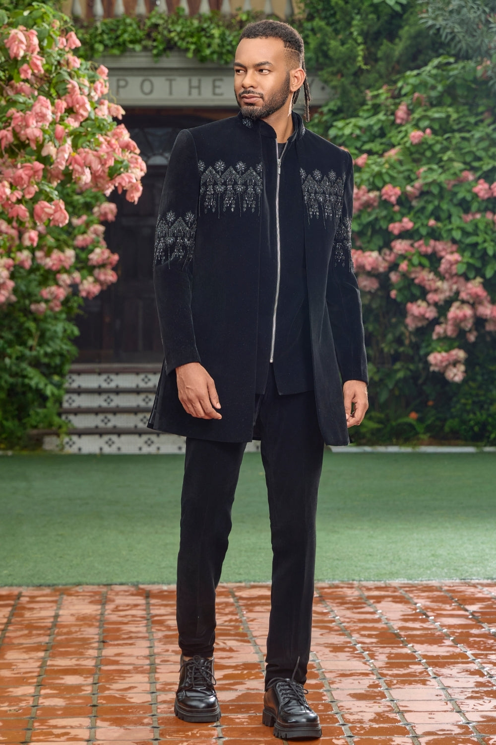 Black Imported Fabric Indo-Western Set with Cutdana and Moti Work