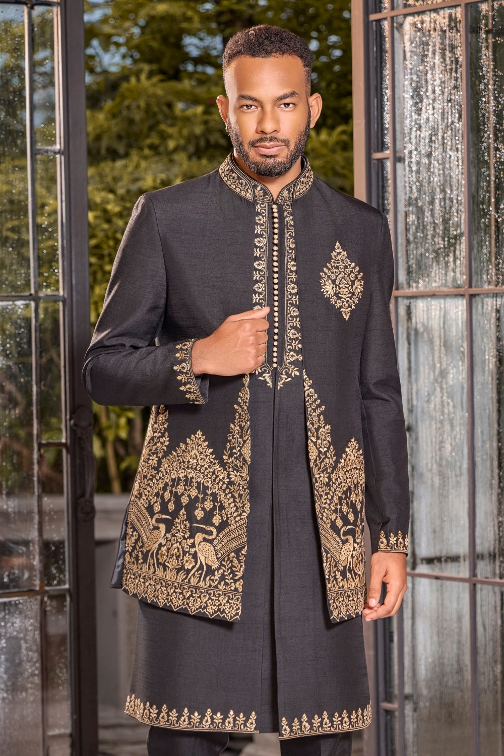 Black Raw Silk Indo-Western with Mirror Embroidery