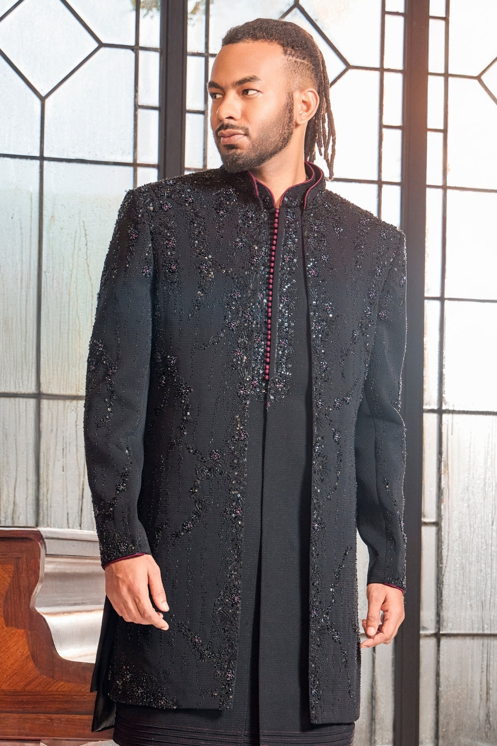 Black Silk Indo Western With Cutdana And Moti Work
