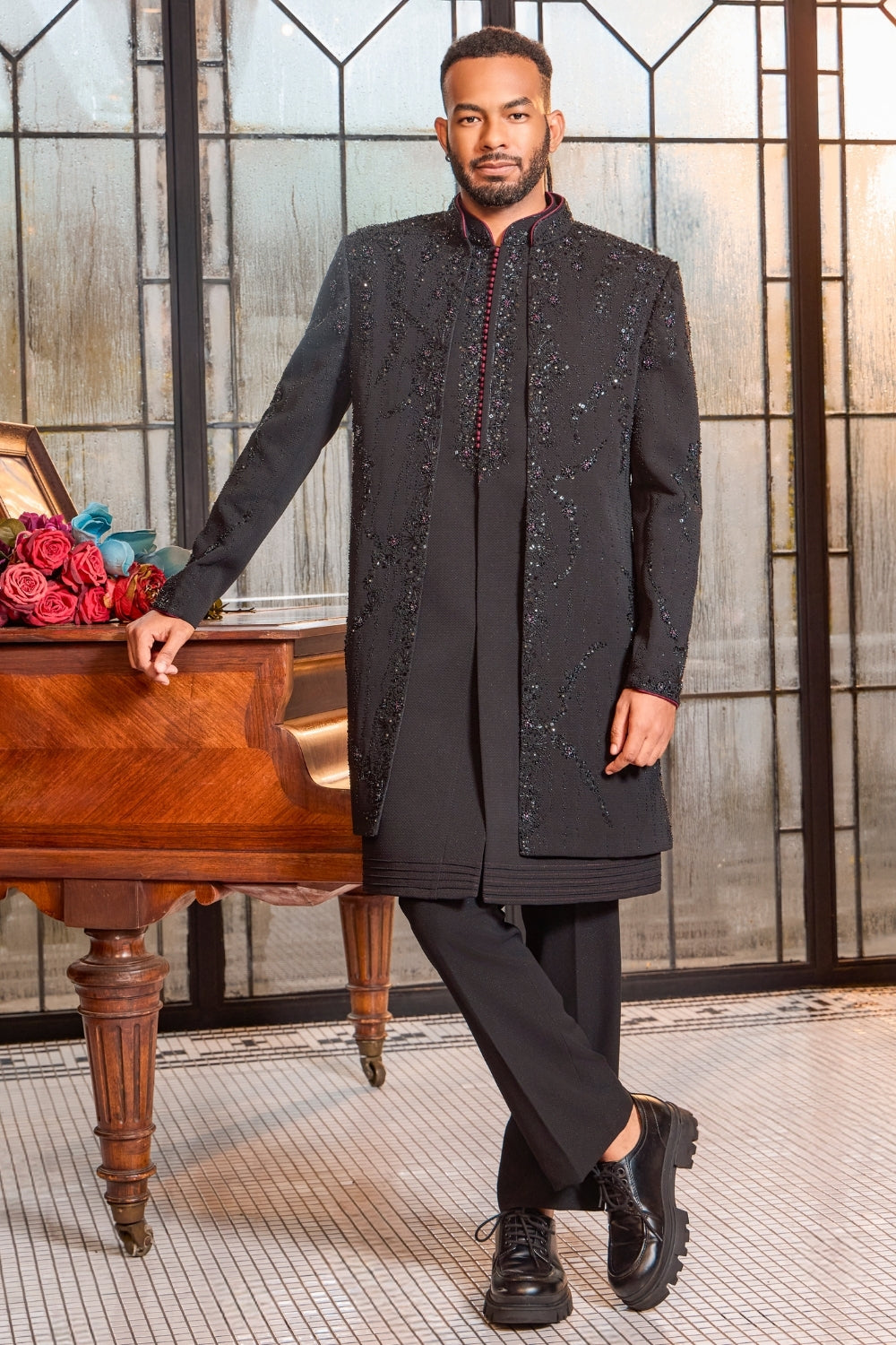 Black Silk Indo Western With Cutdana And Moti Work