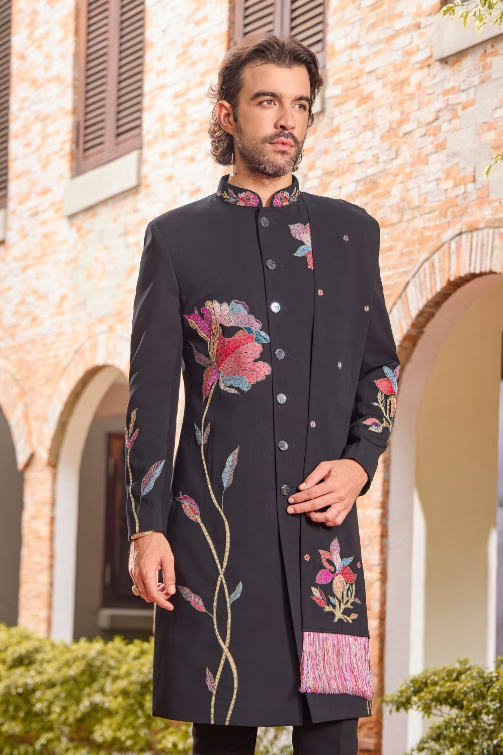 Black Silk Indo-Western Set with Resham Embroidery
