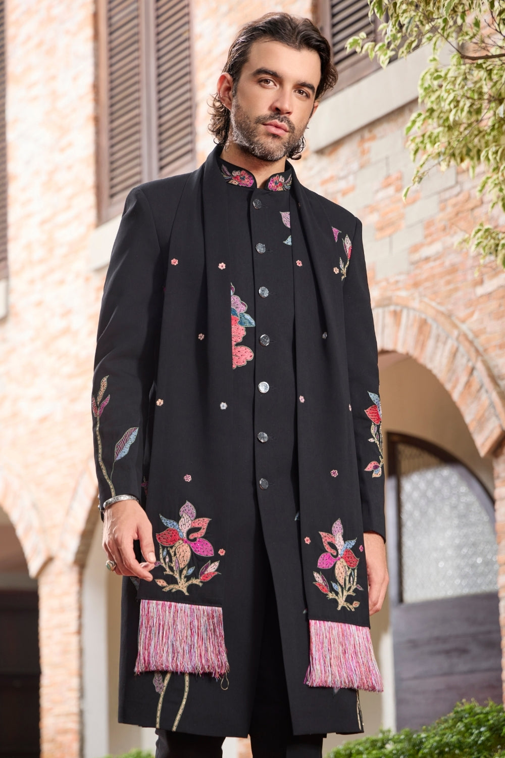 Black Silk Indo-Western Set with Resham Embroidery