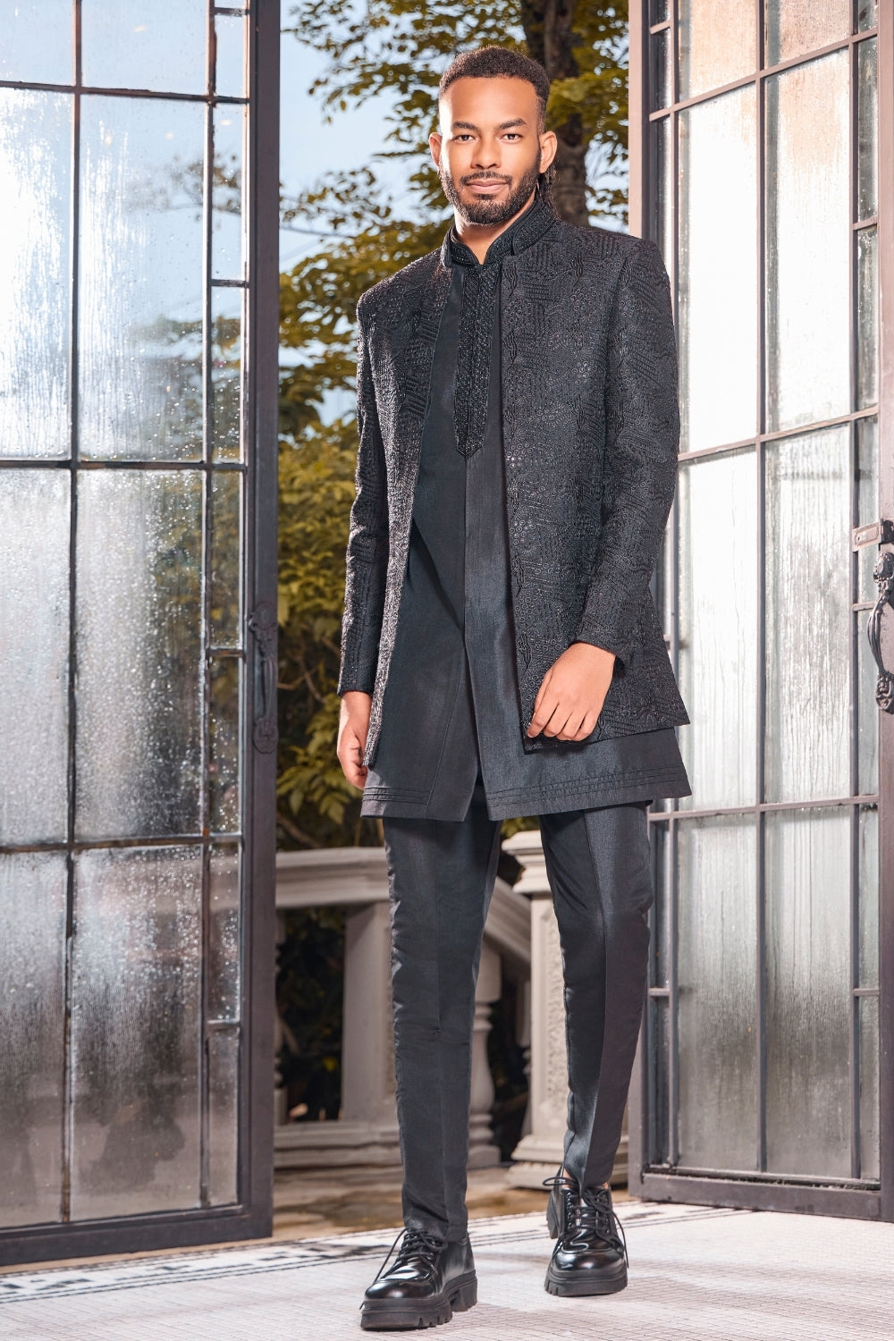 Black Silk Indo-Western Set with Sequin Embroidery