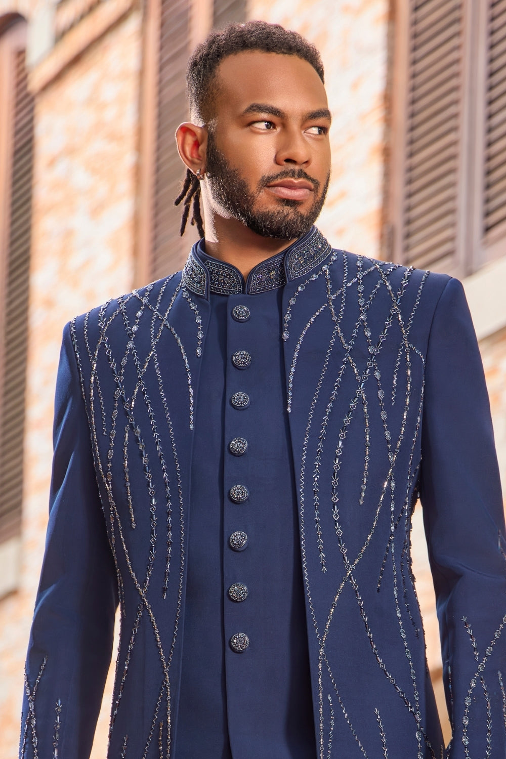 Blue Imported Fabric Indo-Western Set with Cutdana Work