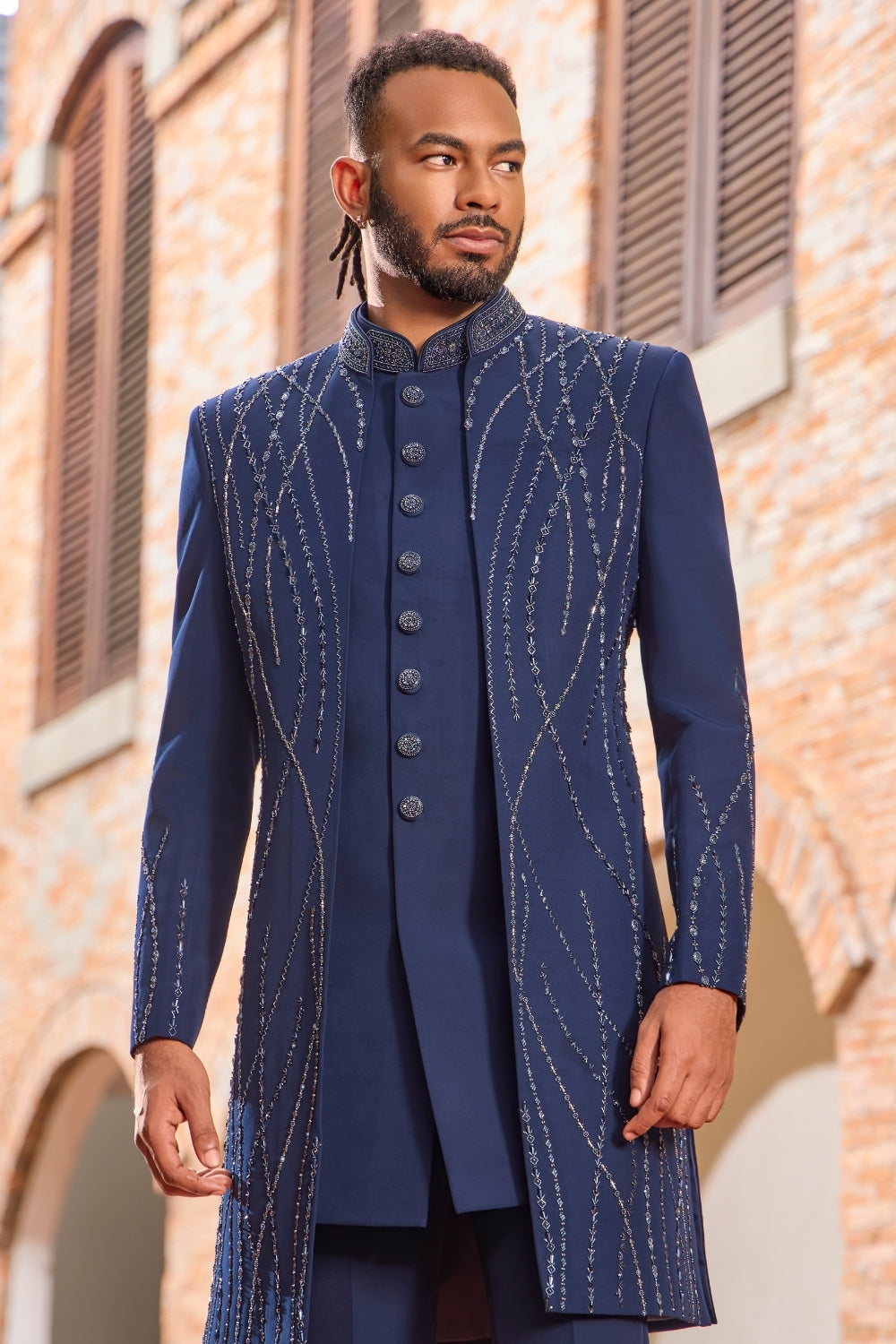 Blue Imported Fabric Indo-Western Set with Cutdana Work