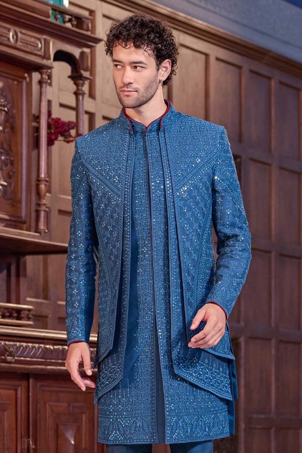Blue Silk Indo-Western Set With Mirror Embroidery