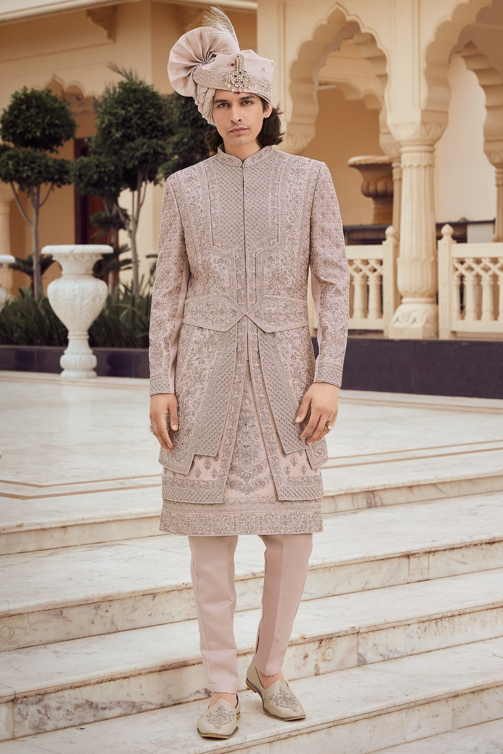 Beige Silk Sherwani With Zardosi And Cutdana Work