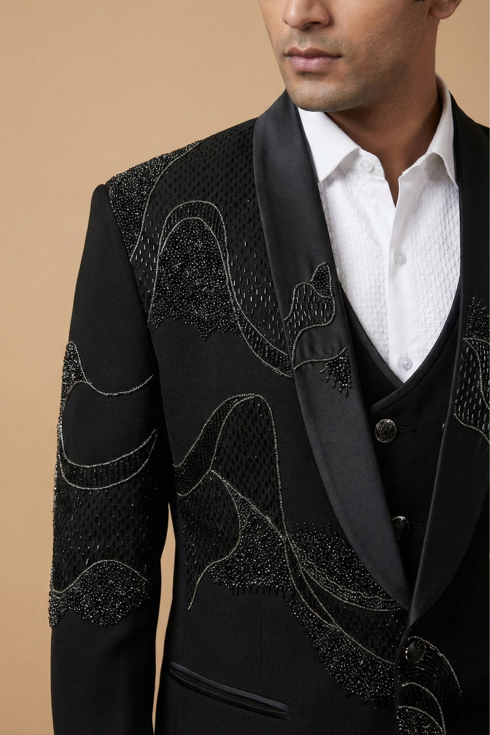 Black Five Piece Imported Suit With Cutdana And Moti
